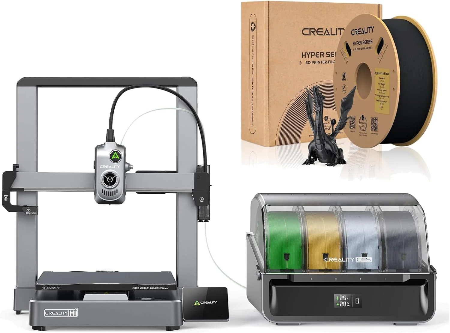 پرینتر سه بعدی Creality Hi Combo با سیستم رنگی 4-Color CFS و تعویض خودکار هوشمند RFID شامل فیلامنت مشکی Hyper PLA برای چاپ چند ماده ای با سرعت بالا و دقت حرفه ای