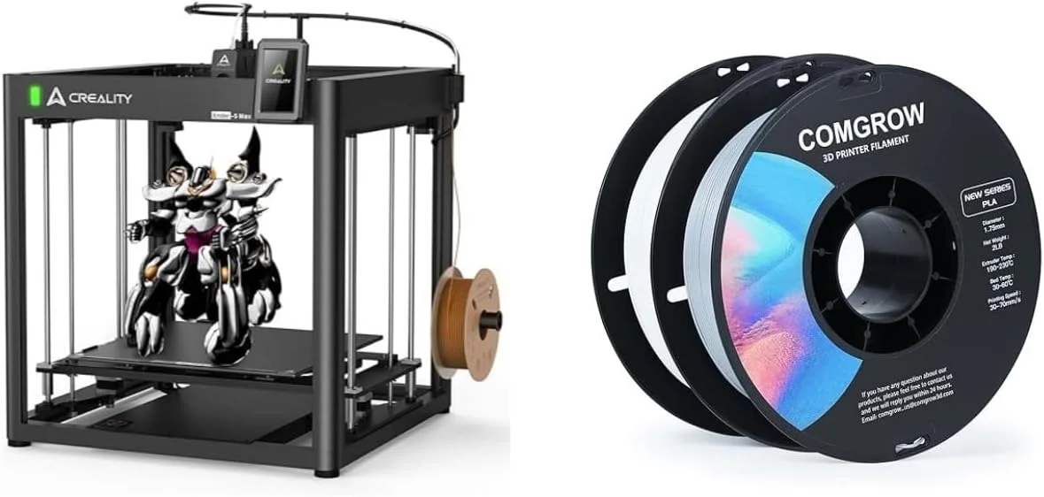 چاپگر سه بعدی Creality Ender 5 Max، با حداکثر سرعت چاپ 700 میلی متر بر ثانیه، تراز خودکار، اکسترودر دمای بالای 300 درجه سانتیگراد، ریل خطی دقیق، محور دوگانه Z، بدنه قوی و فیلامنت چاپگر سه بعدی PLA خاکستری و سفید