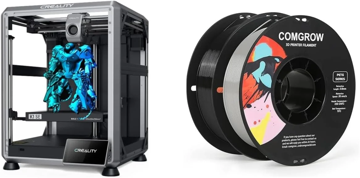 پرینتر سه بعدی کرالیتی K1 SE، با سرعت چاپ 600 میلی‌متر بر ثانیه، تنظیم خودکار تراز CoreXY و Z-Offset، اکسترودر مستقیم دو دنده 300 درجه سانتیگراد، بدنه فلزی دایکاست مستحکم و فیلامنت PETG مشکی+خاکستری 2 کیلوگرمی