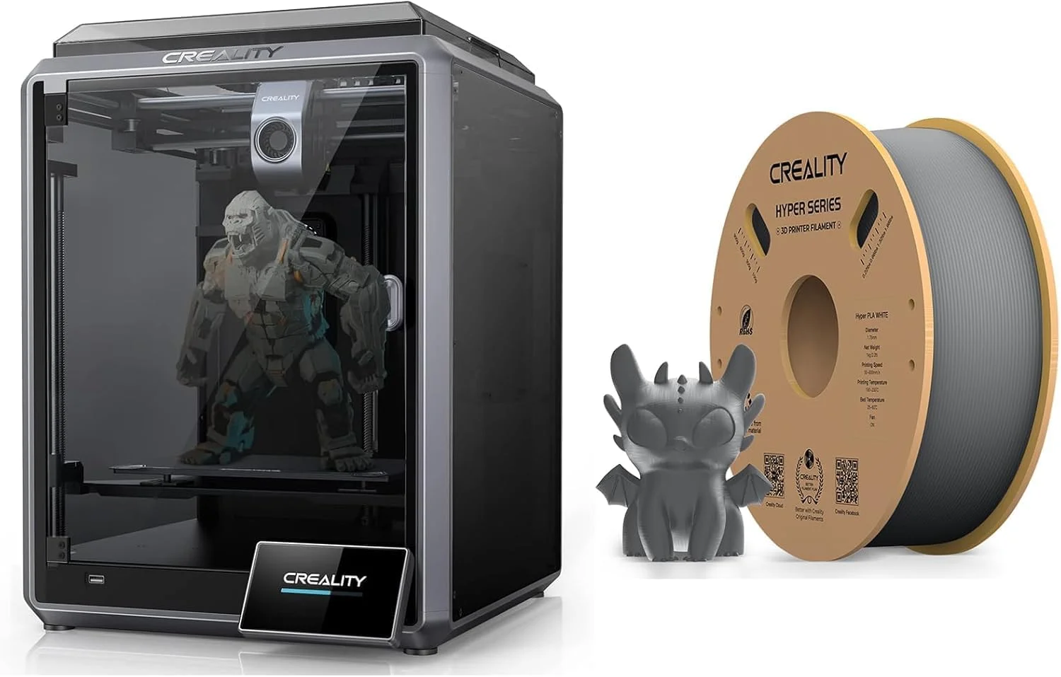 پرینتر سه بعدی کرالیتی K1 با سرعت چاپ 600 میلی‌متر بر ثانیه، نازل با دمای بالای 300 درجه سانتیگراد، اکسترودر مستقیم، تراز خودکار، تست خودکار با یک ضربه، حل مشکل Ringing با سنسور G، رنگ خاکستری هایپر