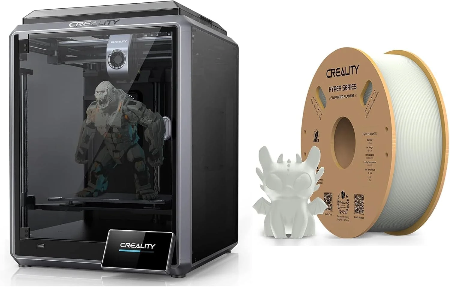 پرینتر سه بعدی کرالیتی K1 با سرعت چاپ 600 میلی‌متر بر ثانیه، هات‌اند با حداکثر جریان 32 میلی‌متر مکعب بر ثانیه، نازل دمای بالای 300 درجه سانتیگراد، اکسترودر مستقیم، تراز خودکار، خودآزمایی با یک ضربه، رفع لرزش با حسگر G، رنگ سفید هایپر