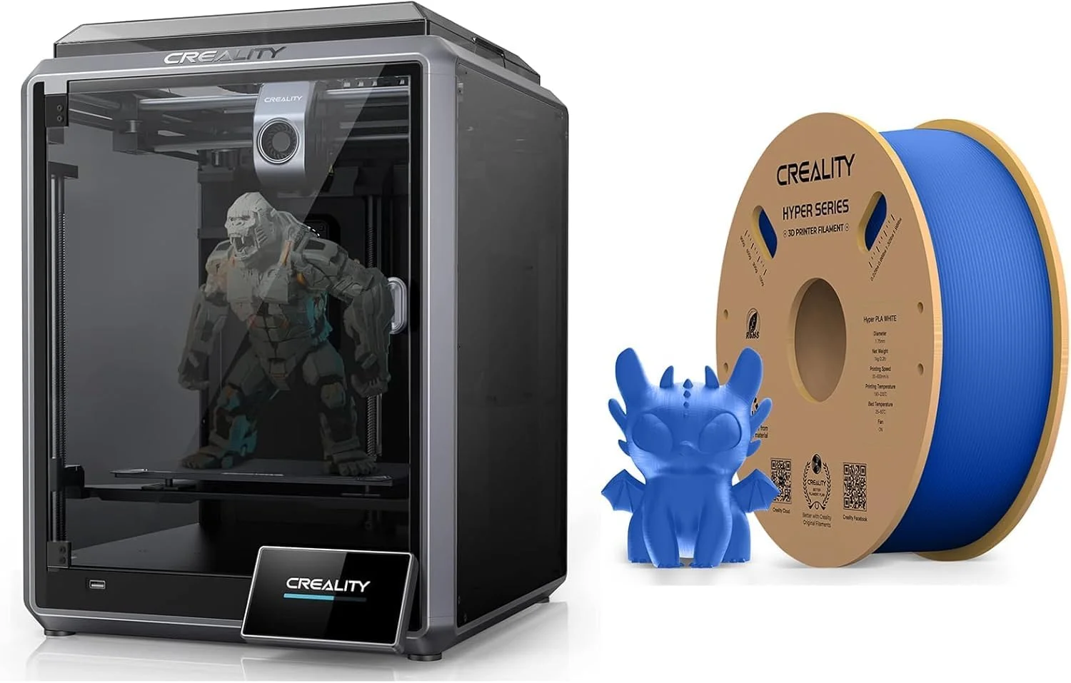 پرینتر سه بعدی کرالیتی K1 با سرعت چاپ 600 میلی‌متر بر ثانیه، هات‌اند با حداکثر جریان 32 میلی‌متر مکعب بر ثانیه، نازل دمای بالای 300 درجه سانتیگراد، اکسترودر مستقیم، تراز خودکار، خودآزمایی با یک ضربه، رفع لرزش با سنسور G و رنگ آبی هایپر