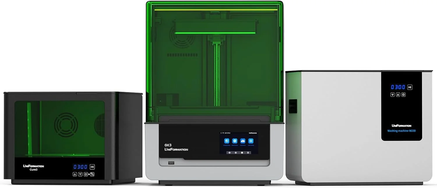 کیت کامل پرینتر رزینی سه بعدی Uniformation GK3(T) با صفحه نمایش LCD با وضوح بالا 16K، دستگاه کیورینگ Cure3، ایستگاه کیورینگ رزین UV 405 نانومتری 10.3 اینچی و دستگاه شستشو W230 برای مدل های پرینت سه بعدی