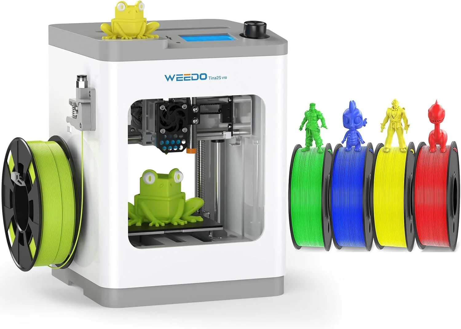 پرینتر سه بعدی مینی ارتقا یافته WEEDO Tina2S به همراه فیلامنت PLA یک کیلوگرمی (4 بسته 250 گرمی) - آبی، سبز، زرد و قرمز