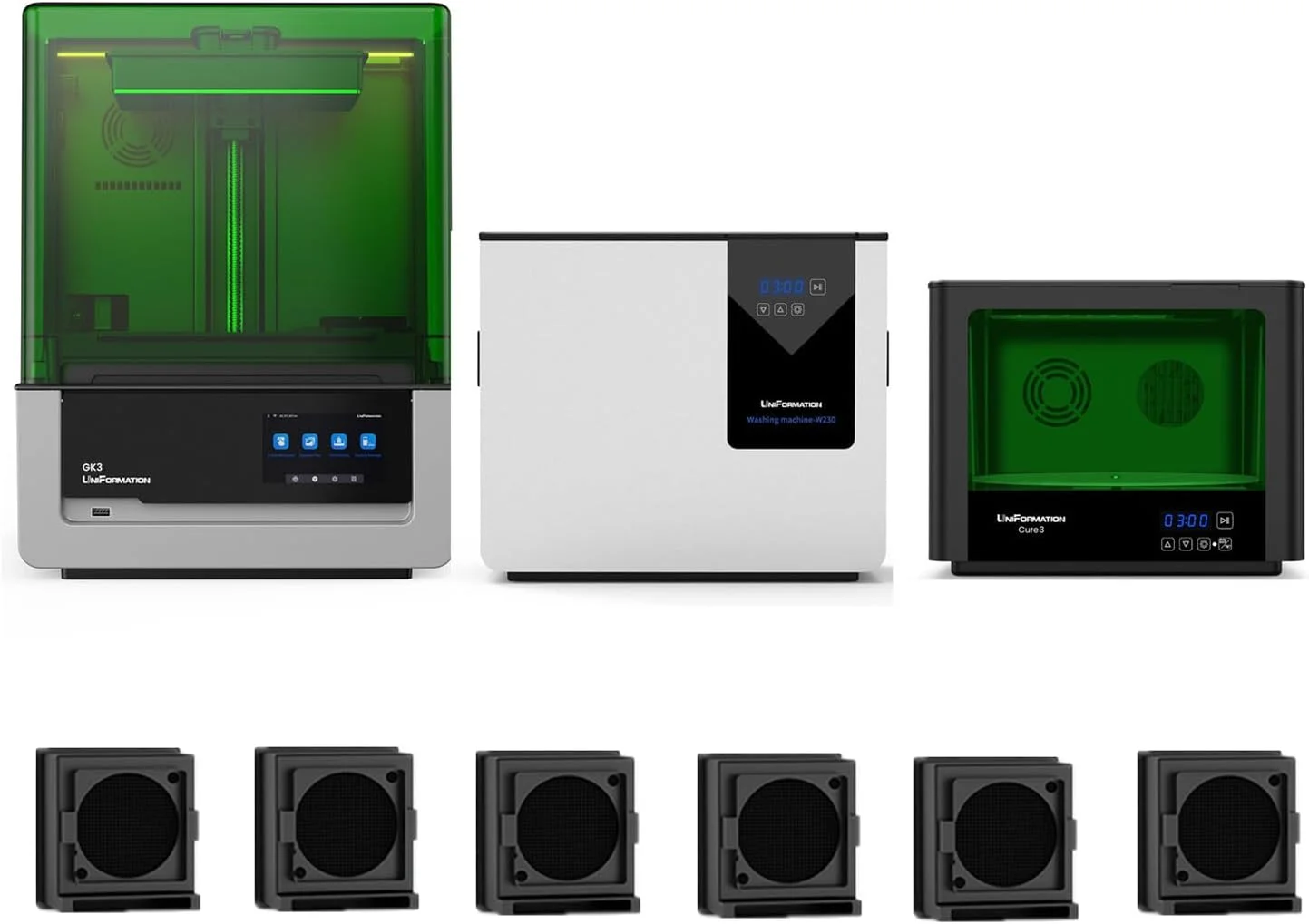 پرینتر سه بعدی رزینی GK3(B) با رزولوشن 16K HD LCD، محور Z با پیچ توپی، کنترل از طریق اپلیکیشن و دستگاه کیورینگ Cure3، ایستگاه کیورینگ رزین UV 405 نانومتری 10.3 اینچی، دستگاه شستشو و 