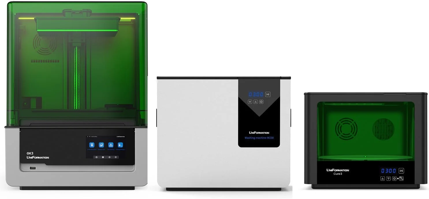 چاپگر سه بعدی رزینی GK3(B) با رزولوشن 16K HD LCD، محور Z با پیچ توپی، کنترل از طریق اپلیکیشن و دستگاه کیورینگ Cure3، ایستگاه شستشو و کیورینگ رزین UV با طول موج 405 نانومتر و ابعاد 10.3 اینچ