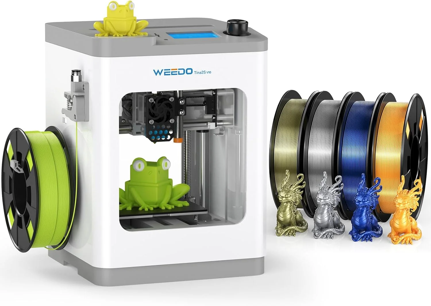 پرینتر سه بعدی کوچک ارتقا یافته WEEDO Tina2S به همراه فیلامنت PLA 0.8 کیلوگرم (4 * 200 گرم) - ابریشمی نقره ای، مسی، طلایی، آبی رویال