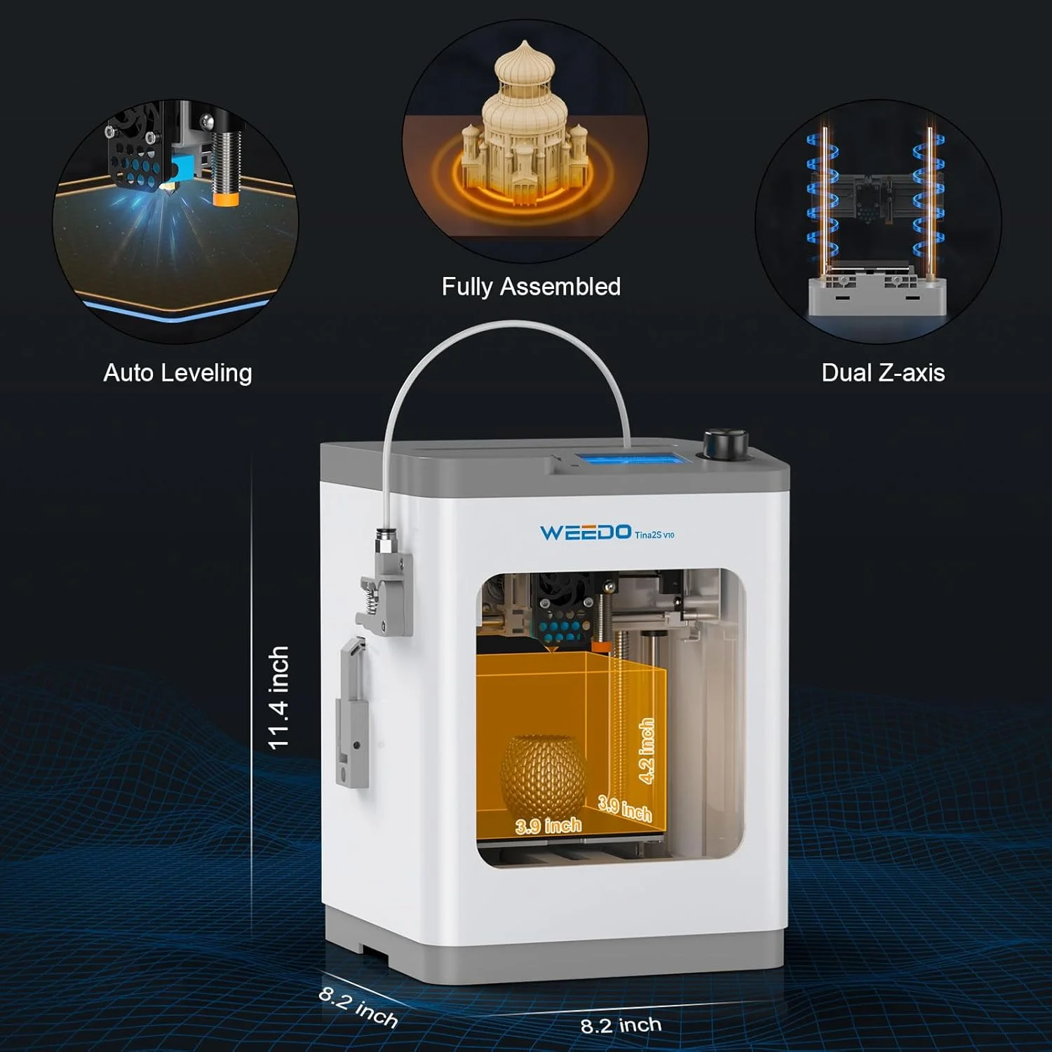 پرینتر سه بعدی کوچک ارتقا یافته WEEDO Tina2S به همراه فیلامنت PLA 0.8 کیلوگرم (4 * 200 گرم) - ابریشمی نقره ای، مسی، طلایی، آبی رویال