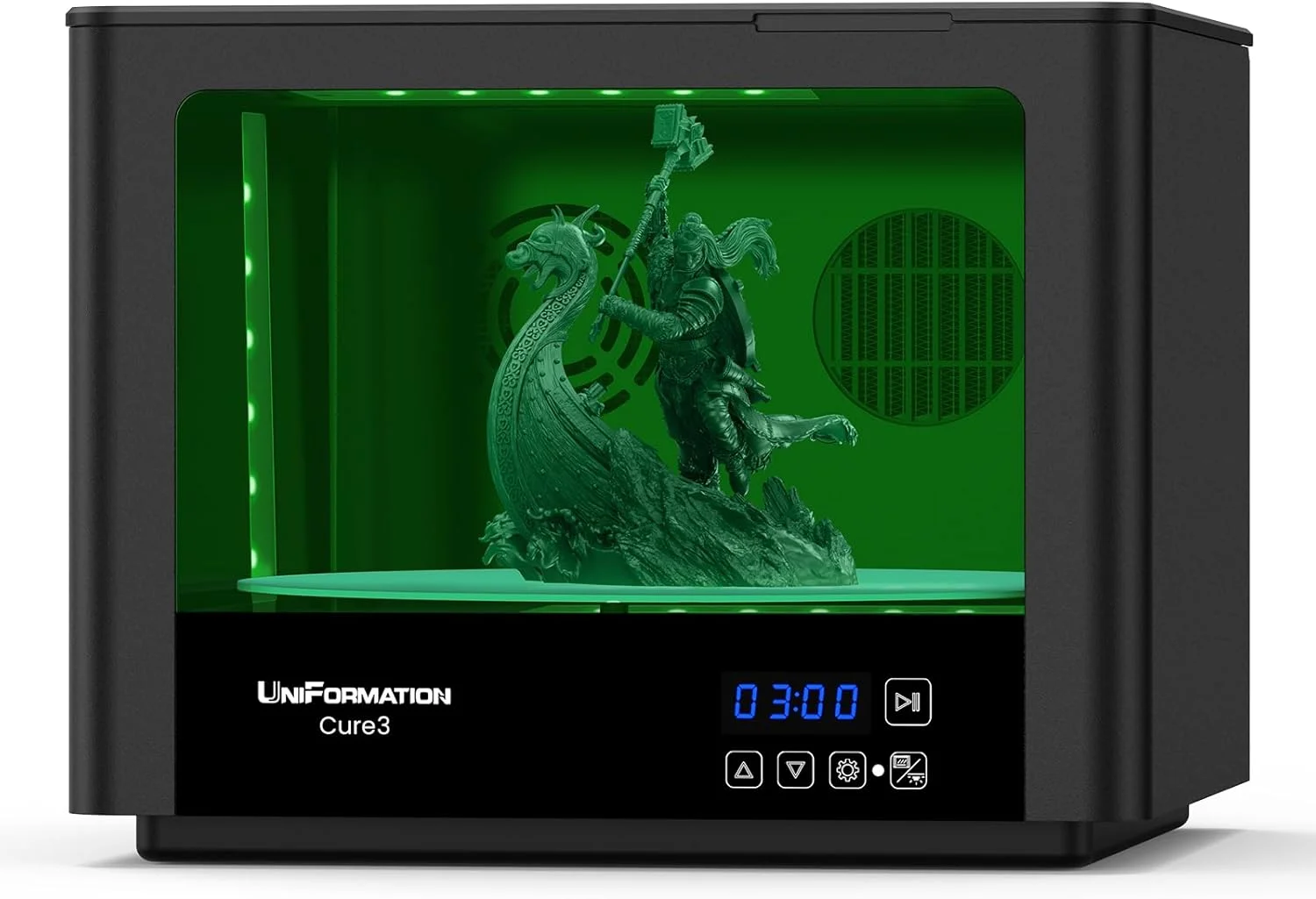 دستگاه پخت رزین یونی‌فورمیشن Cure3 با طول موج 405 نانومتر، دارای صفحه گردان 360 درجه، ابعاد D282 x H162 میلی‌متر، مناسب برای پرینترهای سه بعدی رزینی GK3 Pro، GK3 و سایر پرینترها تا 10.3 اینچ
