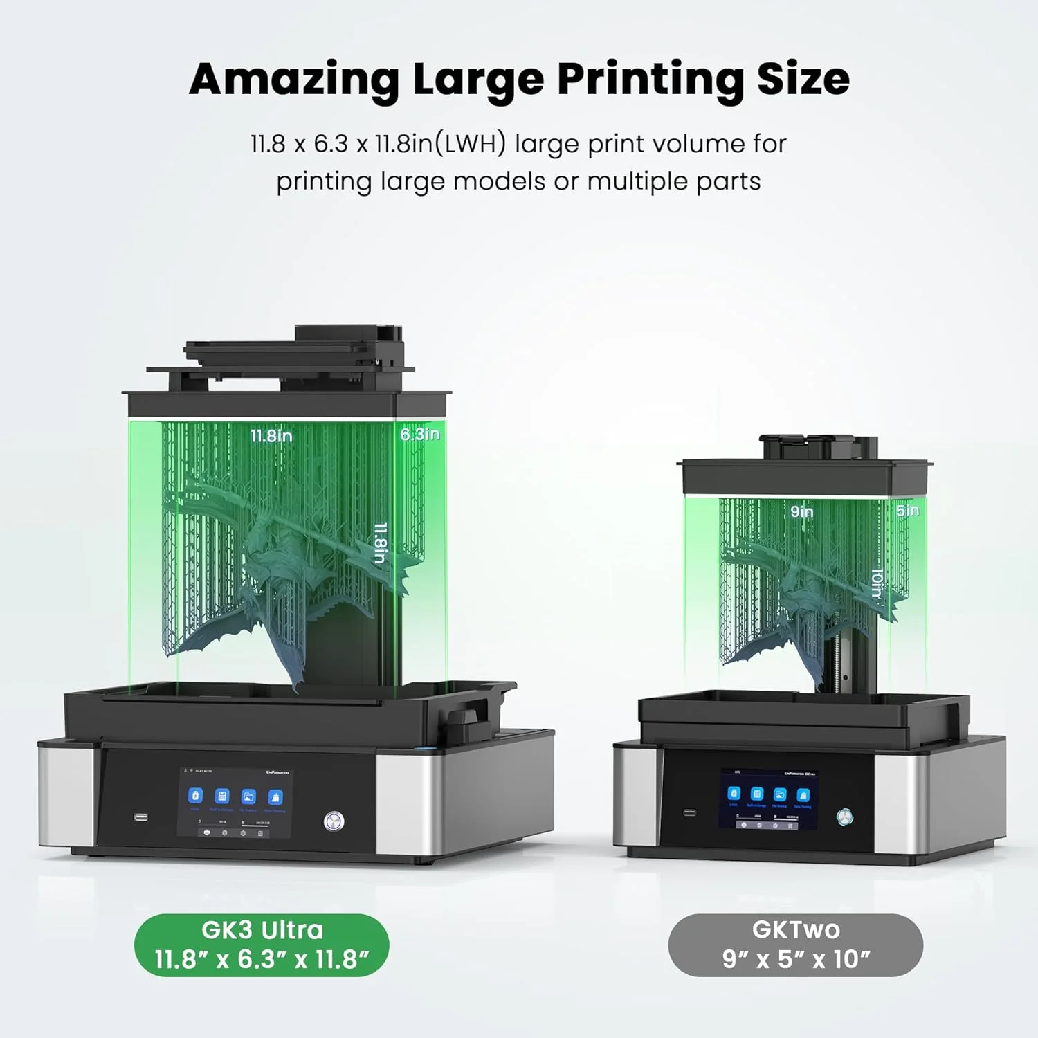 پرینتر سه بعدی رزینی فوق العاده بزرگ GK3 با صفحه نمایش 16K UHD مونو LCD 13.5 اینچی، حجم ساخت بزرگ 11.8x6.3x11.8 اینچ با سیستم گرمایش هوشمند خودکار و سیستم تغذیه خودکار رزین