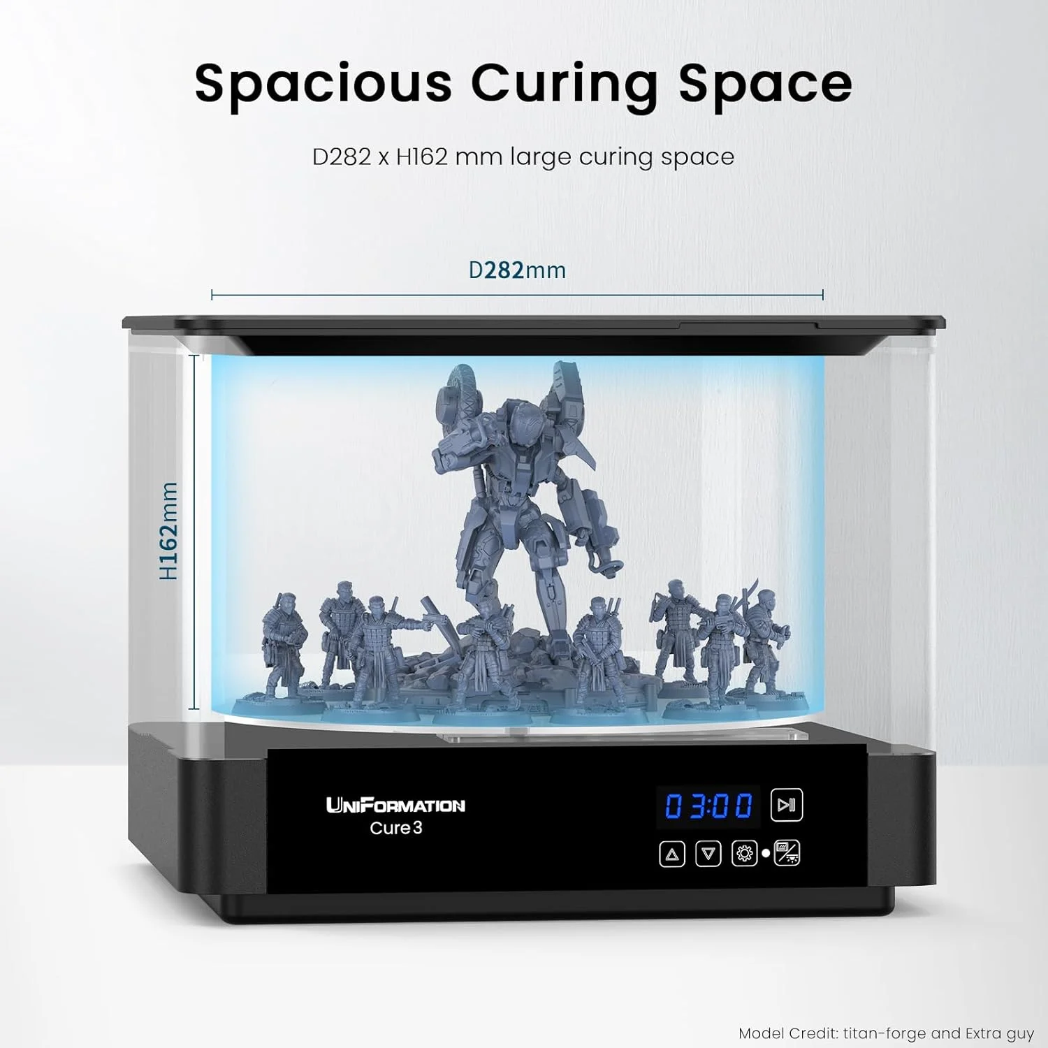 دستگاه پخت رزین یونی‌فورمیشن Cure3 با طول موج 405 نانومتر، دارای صفحه گردان 360 درجه، ابعاد D282 x H162 میلی‌متر، مناسب برای پرینترهای سه بعدی رزینی GK3 Pro، GK3 و سایر پرینترها تا 10.3 اینچ