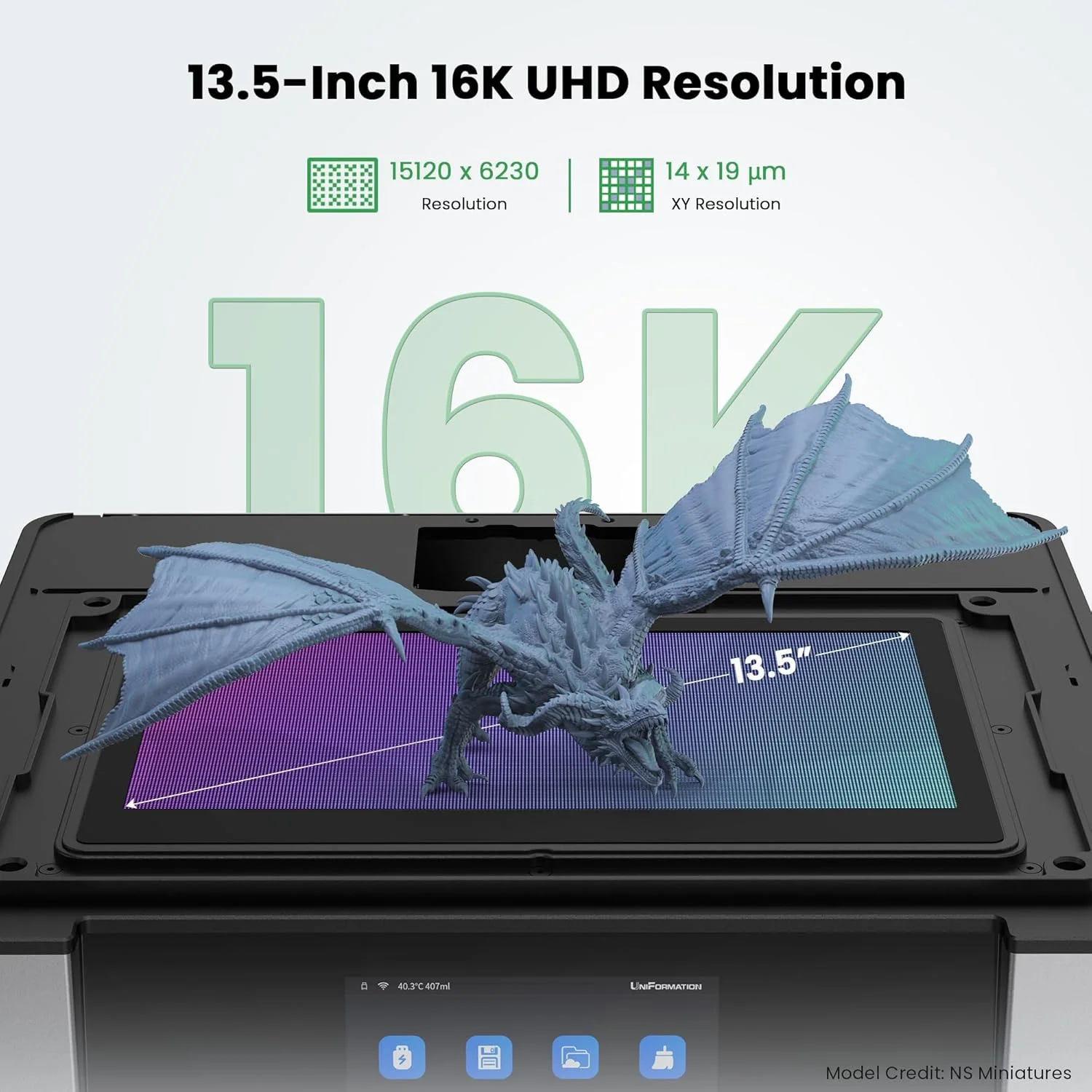 پرینتر سه بعدی رزینی فوق العاده بزرگ GK3 با صفحه نمایش 16K UHD مونو LCD 13.5 اینچی، حجم ساخت بزرگ 11.8x6.3x11.8 اینچ با سیستم گرمایش هوشمند خودکار و سیستم تغذیه خودکار رزین