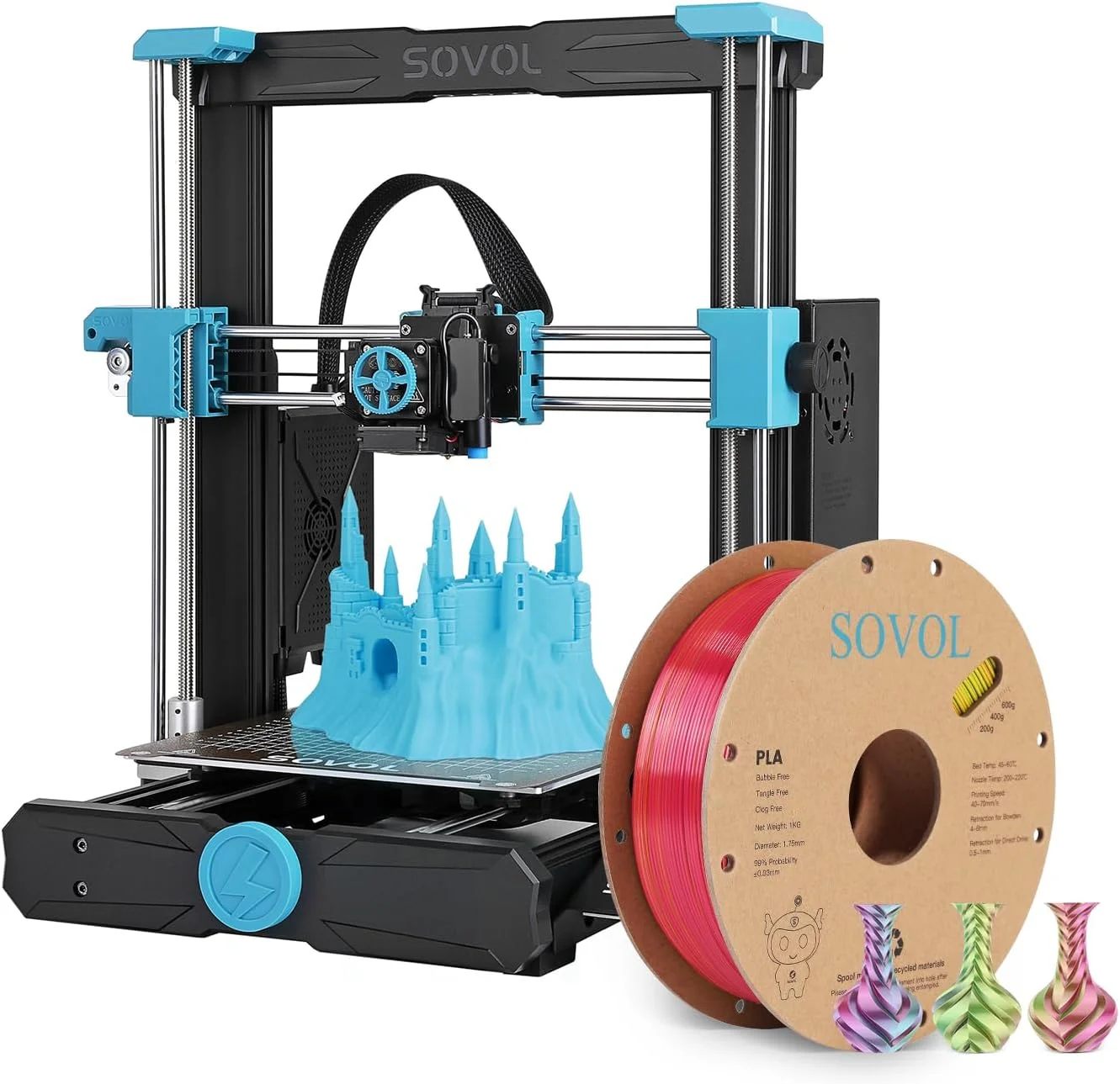 فیلامنت سه رنگ رز آبی زرد ابریشمی PLA سوول 1 کیلوگرمی و پرینتر سه بعدی سوول SV06