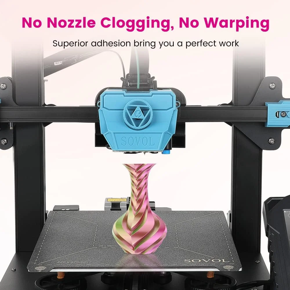 فیلامنت سه رنگ رز آبی زرد ابریشمی PLA سوول 1 کیلوگرمی و پرینتر سه بعدی سوول SV06