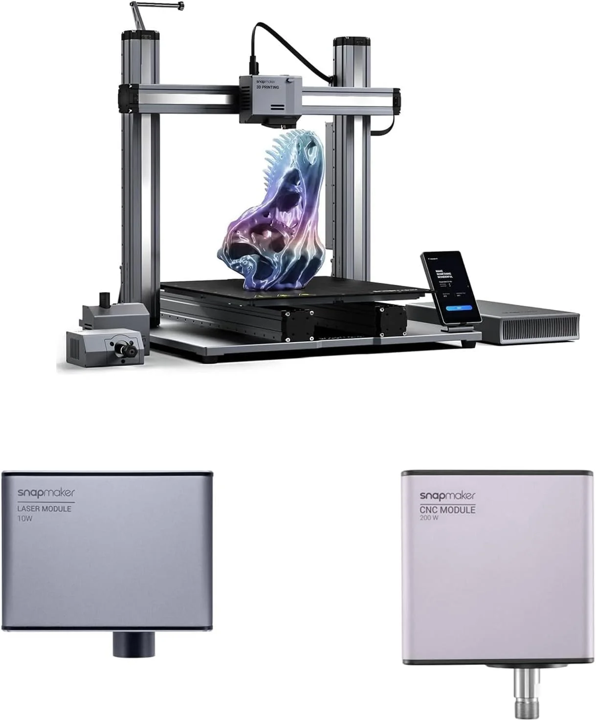 پرینتر سه بعدی 3 در 1 Snapmaker A350T با قابلیت پرینت سه بعدی، حکاکی لیزری 10 واتی، حکاکی CNC 200 واتی، طراحی ماژولار، ابعاد چاپ بزرگ 320x350x330 میلی متر، بدنه تمام فلزی با صفحه لمسی 5 اینچی