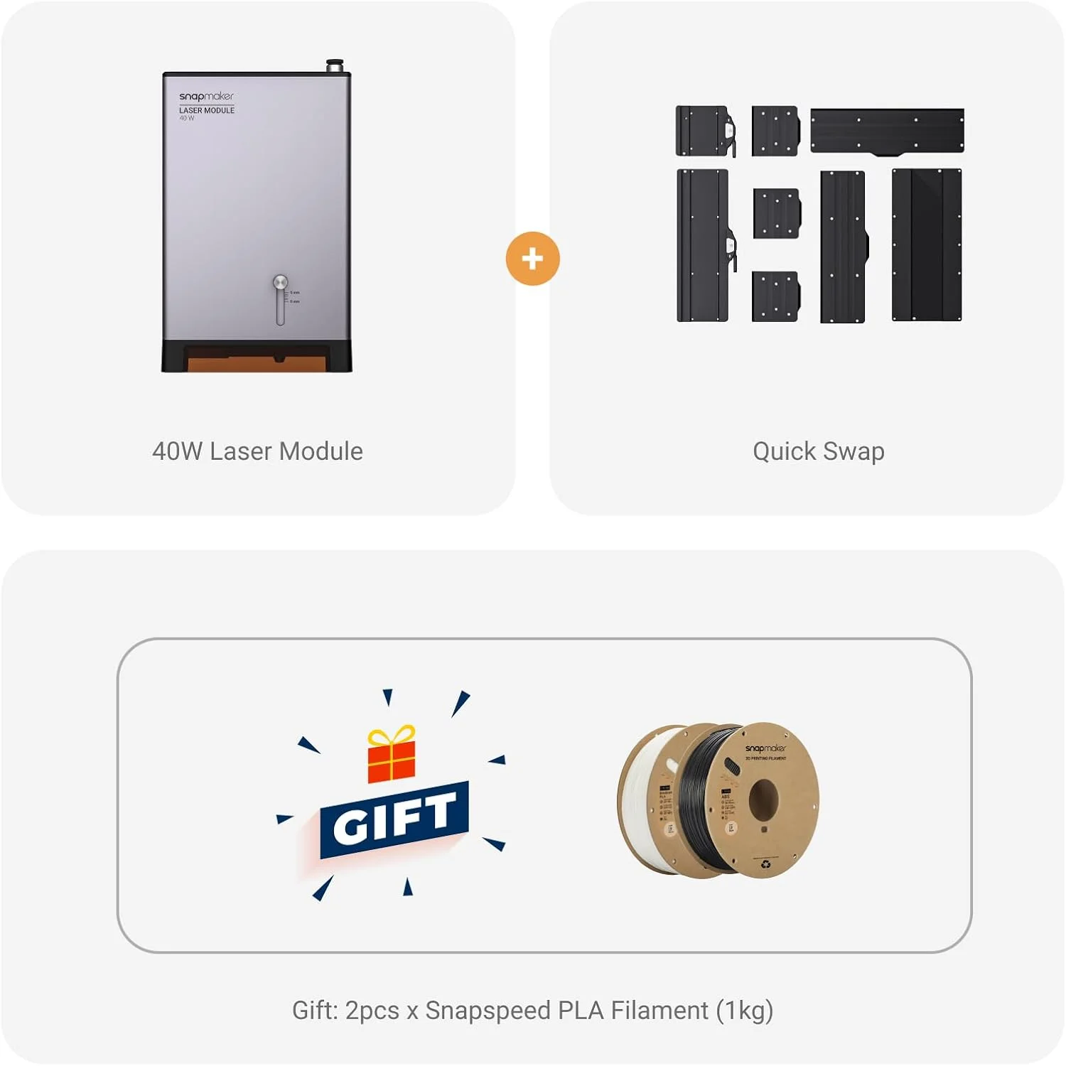 ماژول لیزر 40 واتی Snapmaker و کیت تعویض سریع برای پرینتر سه بعدی A350T/A350/F350، شامل 1 عدد فیلامنت PLA مشکی Snapspeed 1 کیلوگرمی و 1 عدد فیلامنت PLA سفید Snapspeed 1 کیلوگرمی