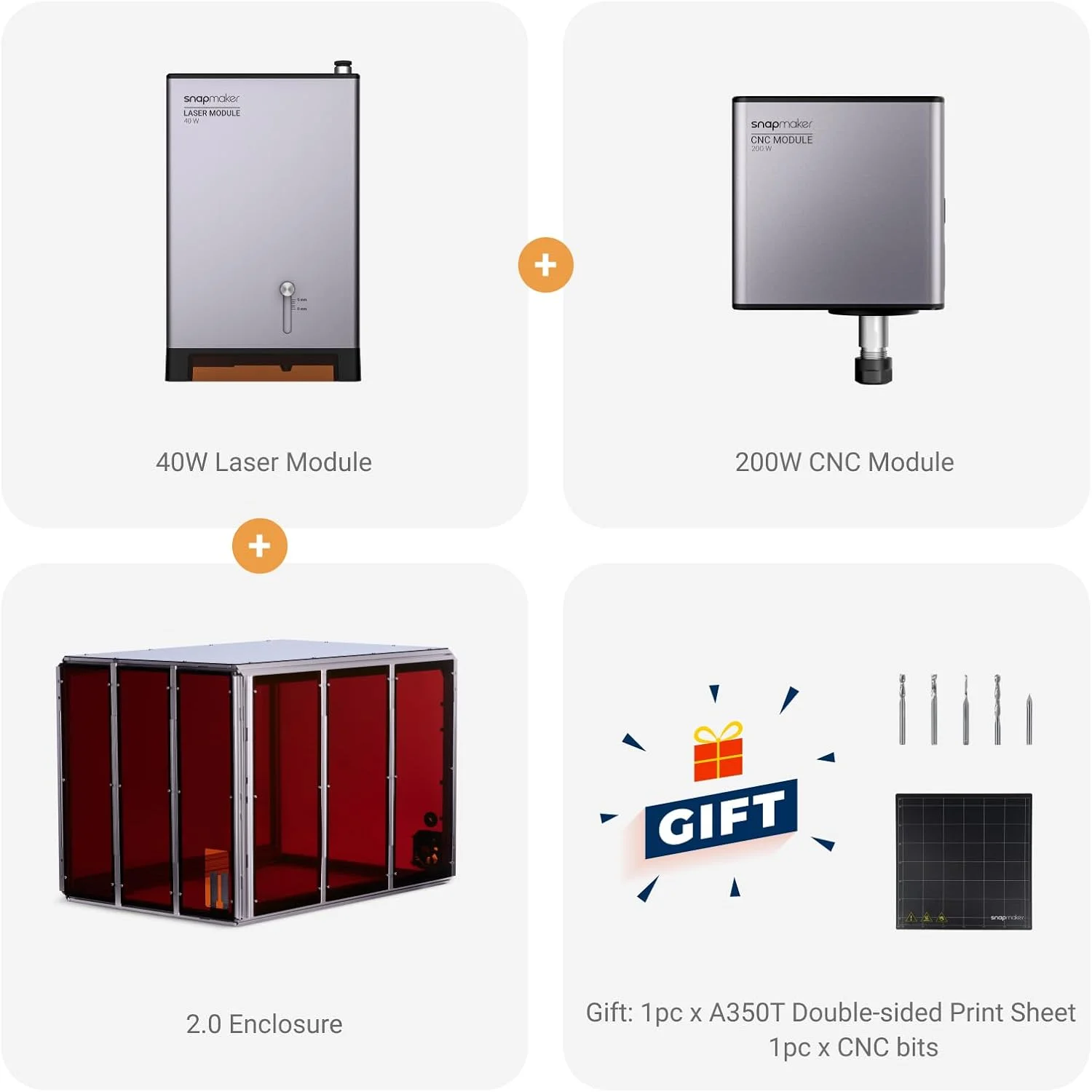 ماژول لیزر 40 واتی Snapmaker و ماژول CNC 200 واتی و محفظه برای پرینتر سه بعدی A350T F350 A350، شامل 1 عدد ورق چاپ دو طرفه، 1 عدد سری CNC