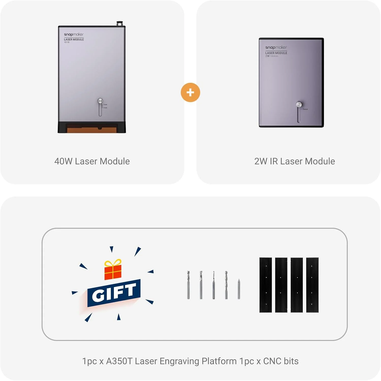 ماژول لیزر 40 واتی Snapmaker و ماژول لیزر مادون قرمز 1064 نانومتری برای پرینتر سه بعدی A350T/A350/A250T/A250/F350/F250، شامل 1 عدد پلتفرم حکاکی لیزری A350T F350، 1 عدد سری CNC