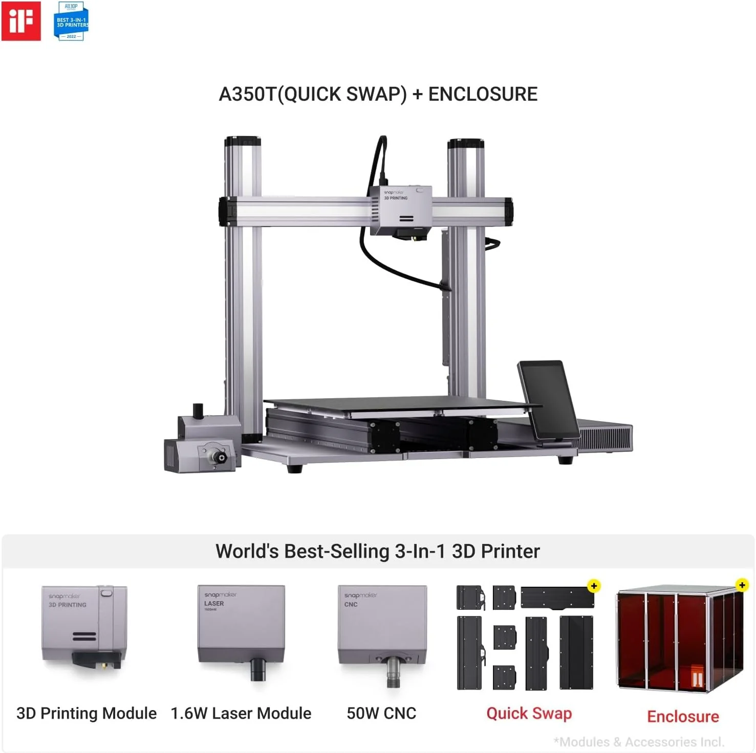 بسته پرینتر سه بعدی اسنپ‌میکر A350T 3 در 1 به همراه محفظه و کیت تعویض سریع، شامل پرینت سه بعدی، حکاکی لیزری، منبت کاری CNC، طراحی ماژولار، اندازه چاپ بزرگ 320x350x330 میلی‌متر، بدنه تمام فلزی