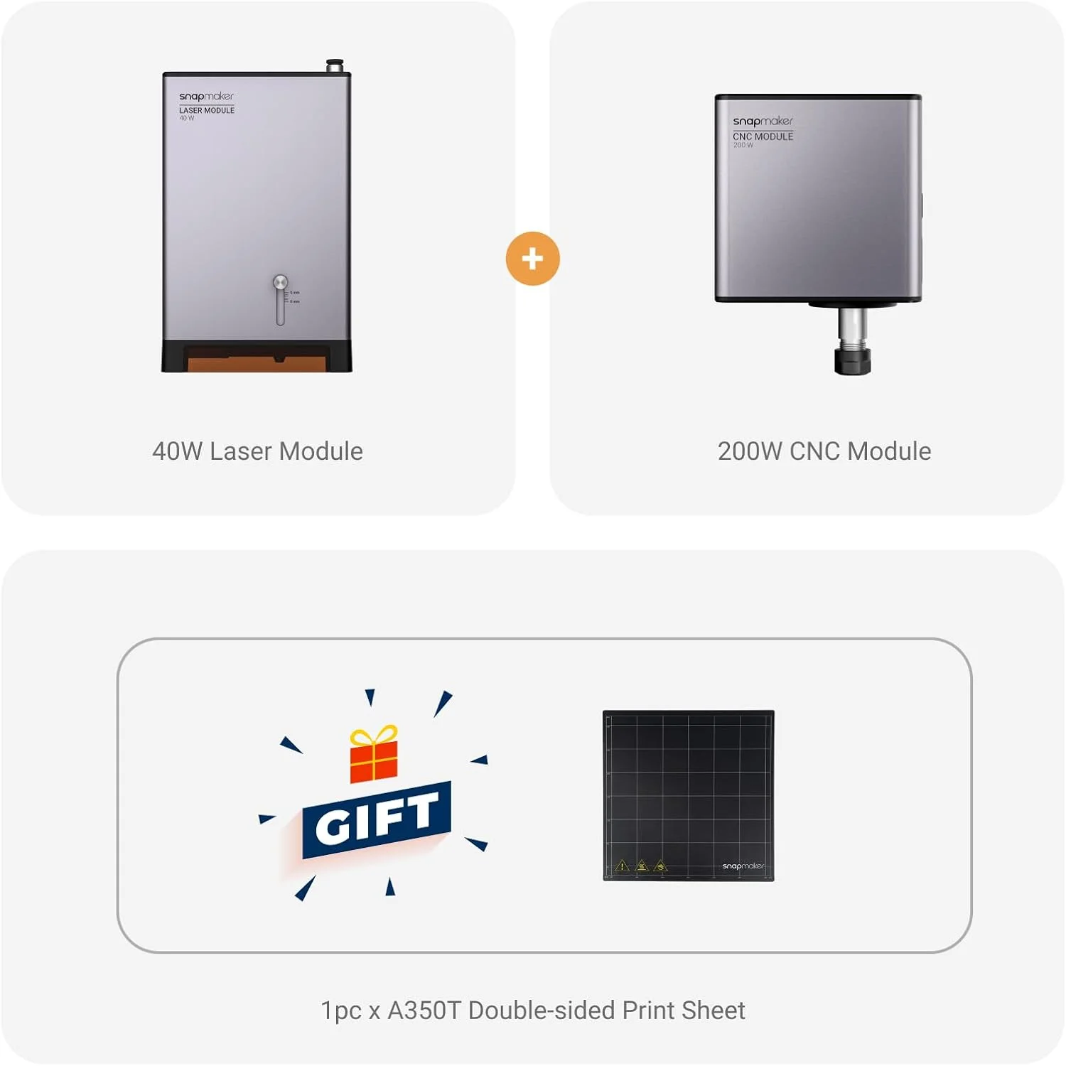 ماژول لیزر 40 واتی و ماژول CNC 200 واتی Snapmaker برای پرینتر سه بعدی A350T/A350/A250T/A250/F350/F250، شامل 1 عدد ورق چاپ دو طرفه برای A350T F350 A350