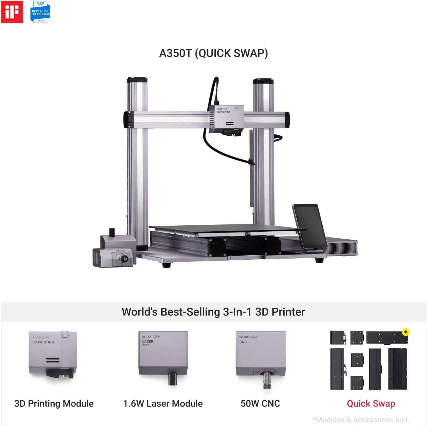 پرینتر سه بعدی Snapmaker A350T 3 در 1 به همراه کیت تعویض سریع، شامل پرینت سه بعدی، حکاکی لیزری، حکاکی CNC، طراحی ماژولار، اندازه چاپ بزرگ 320x350x330 میلی متر، بدنه تمام فلزی