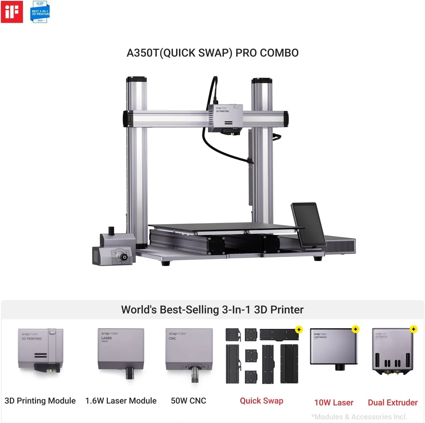 پرینتر سه بعدی اسنپ‌میکر A350T 3 در 1 با حکاکی لیزری 10 واتی و حکاکی CNC، شامل ماژول لیزر 10 واتی، ماژول اکستروژن دوگانه و کیت تعویض سریع