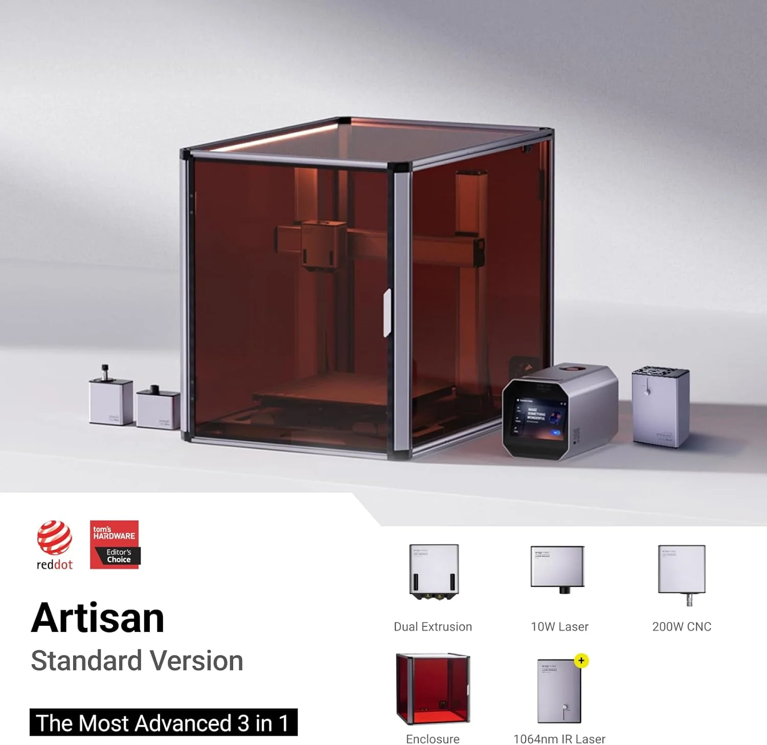 پرینتر سه بعدی Snapmaker Artisan 3 در 1، چاپ با اکستروژن دوگانه، با لیزر آبی 10 واتی و لیزر مادون قرمز 1064 نانومتری و حکاکی CNC 200 واتی، اندازه چاپ بزرگ 15.75"x15.75"x15.75"، طراحی تمام فلزی