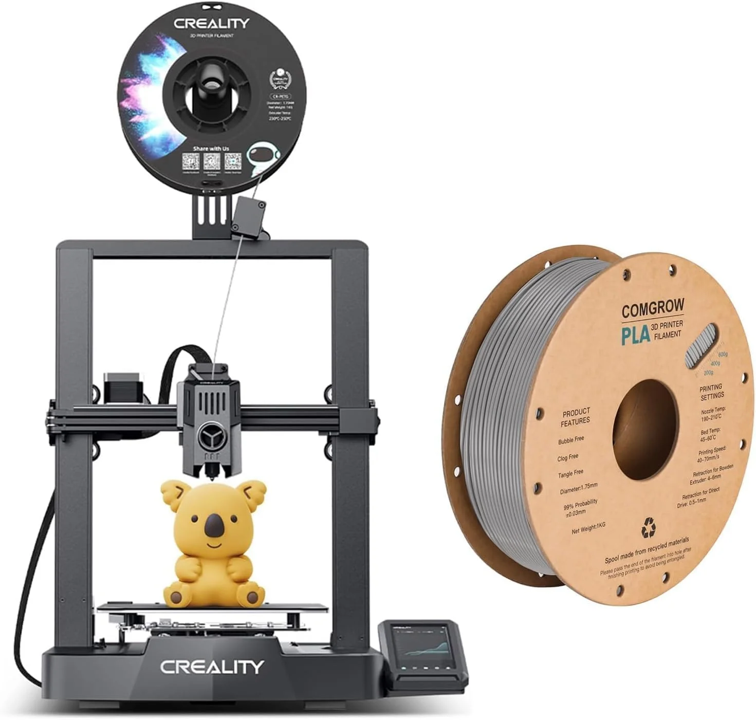 بسته پرینتر سه بعدی Creality Ender 3 V3 KE از Comgrow و فیلامنت خاکستری PLA پرینتر سه بعدی Comgrow