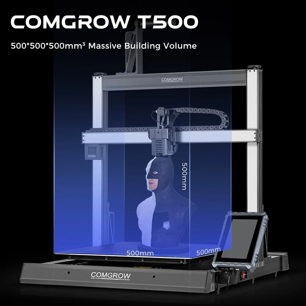 پرینتر سه بعدی ارتقا یافته Comgrow T500 با حداکثر سرعت 200 میلی متر بر ثانیه، 95% پیش مونتاژ شده، صفحه لمسی 7 اینچی Klipper، تراز خودکار 49 نقطه ای، حجم ساخت 19.68 * 19.68 * 19.68 اینچ، محورهای دوگانه Z&Y