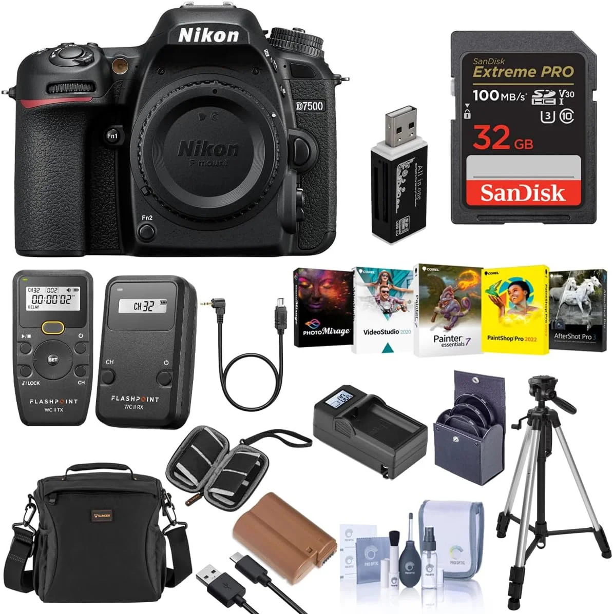 دوربین دیجیتال نیکون D7500 با فرمت DX، مشکی، به همراه کارت حافظه 32 گیگابایتی، باتری، فرستنده، گیرنده، کیت نرم افزار کامپیوتر، سه پایه