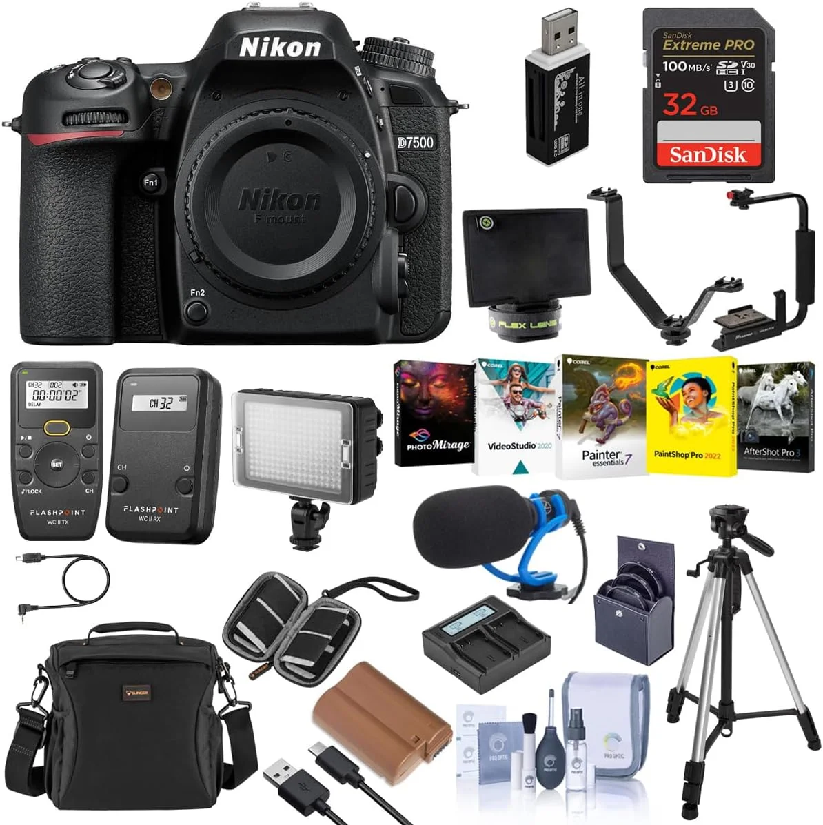 دوربین DSLR نیکون D7500 فرمت DX، مشکی، باندل با کارت حافظه 64 گیگابایتی، باتری، فرستنده، گیرنده، نور LED روی دوربین، کیت نرم افزار PC، سه پایه، میکروفون