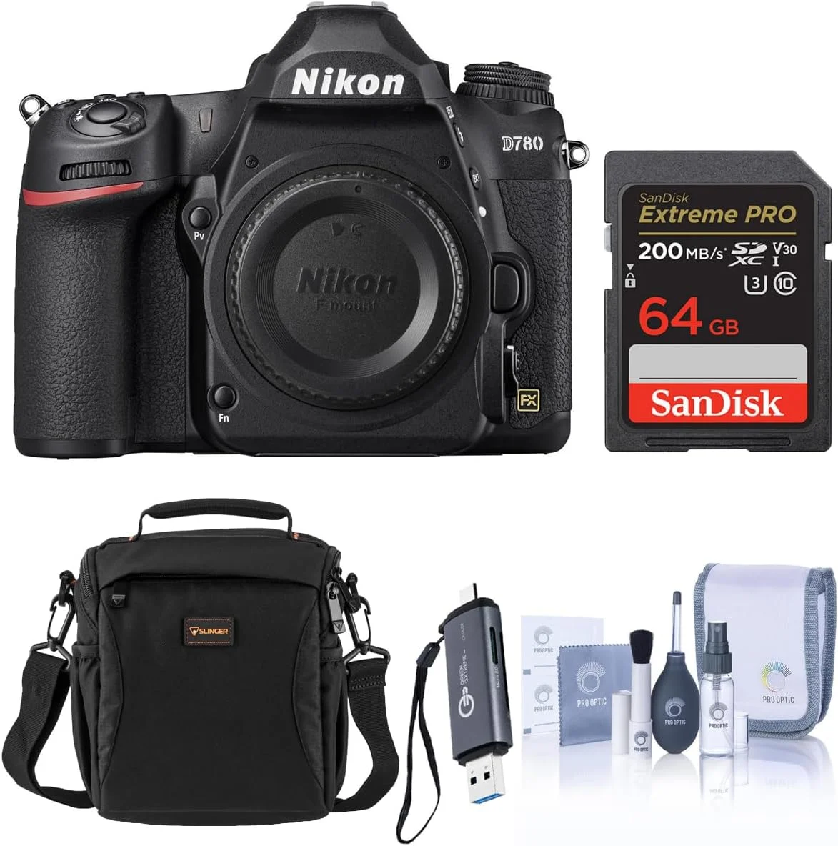 دوربین DSLR نیکون D780 با فرمت FX، به همراه کارت حافظه 64 گیگابایتی، کارت خوان و کیف رودوشی