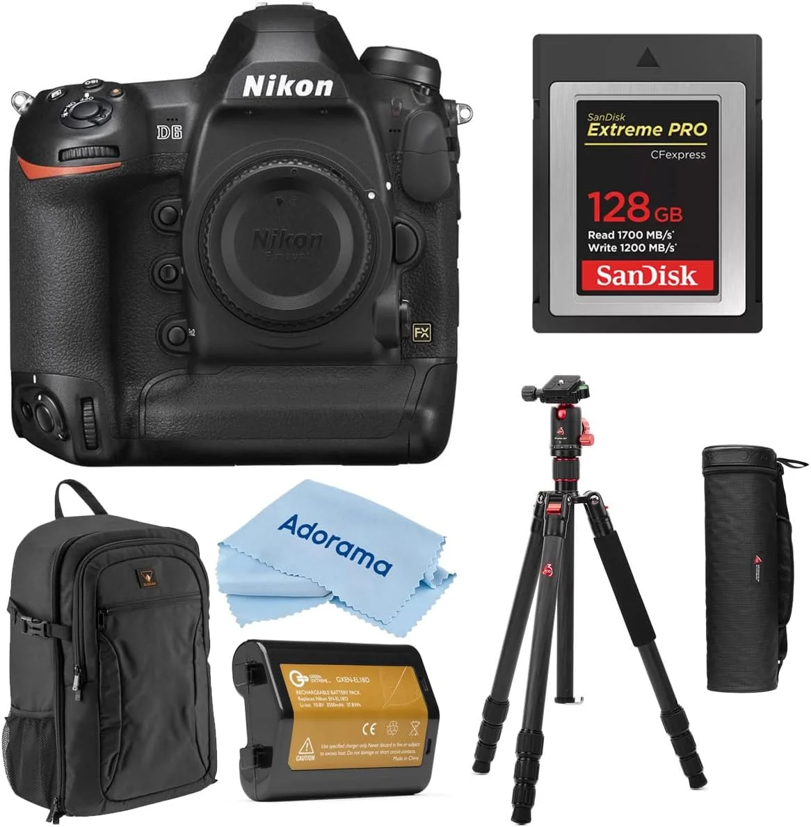 دوربین دیجیتال SLR نیکون D6 با فرمت FX، به همراه سه پایه، باتری لیتیوم-یون EN-EL، کارت حافظه 128 گیگابایتی، کوله پشتی دوربین، پارچه تمیز کننده