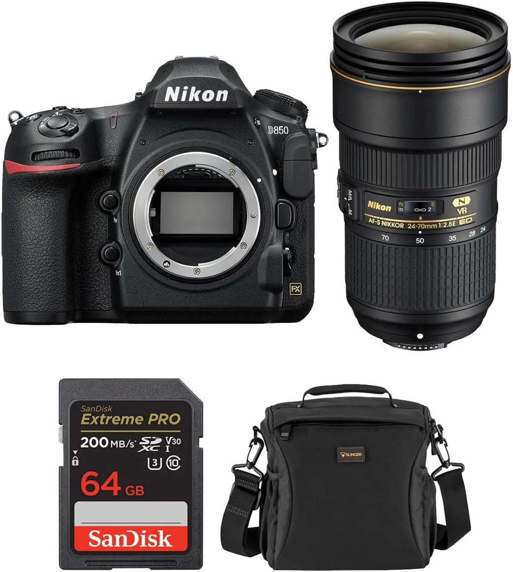 دوربین DSLR نیکون D850 با لنز AF-S NIKKOR 24-70mm f/2.8E ED VR، به همراه کارت حافظه 64 گیگابایتی و کیف شانه‌ای Alpine 160