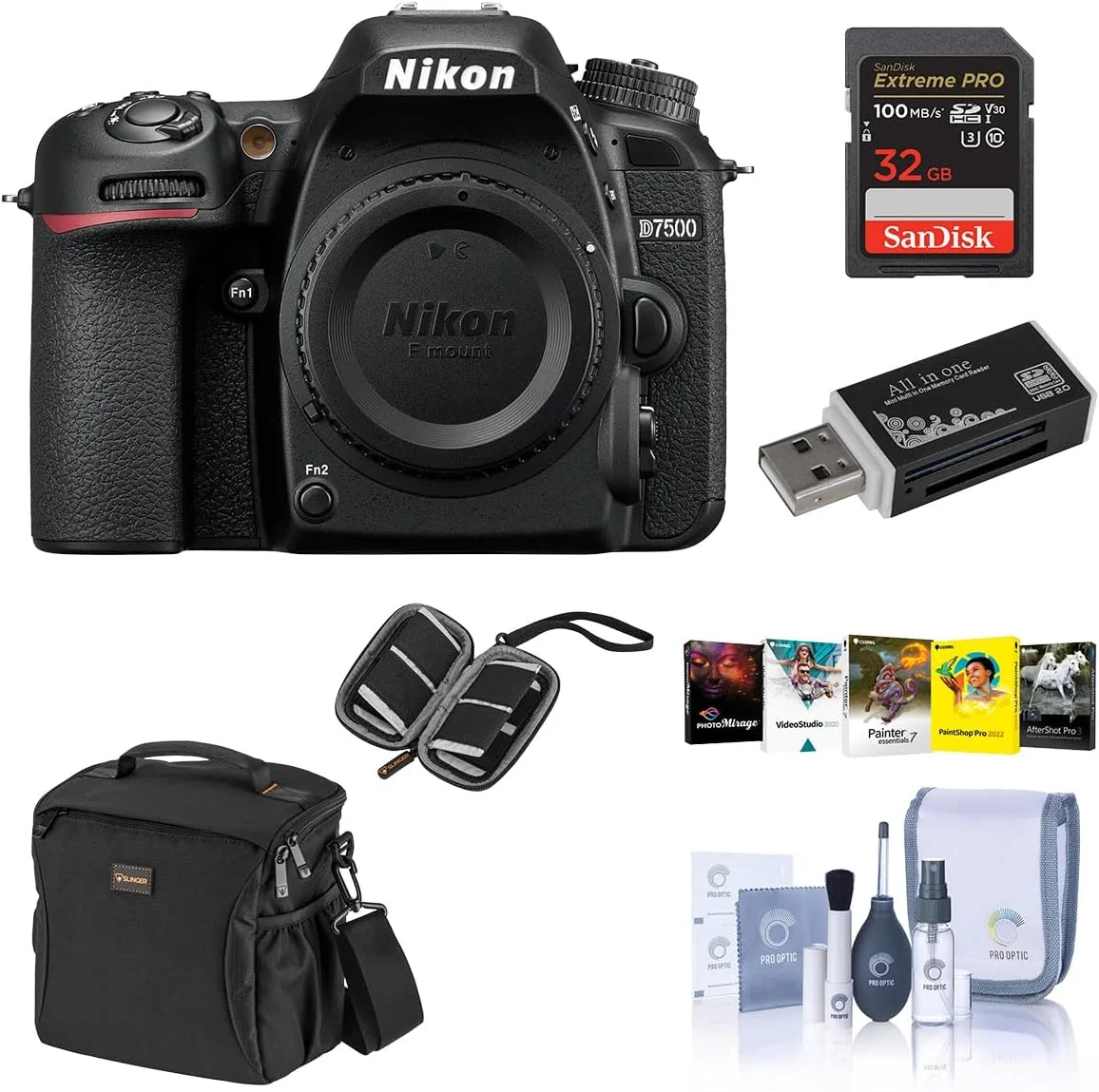 بدنه دوربین دیجیتال SLR نیکون D7500 فرمت DX، مشکی - همراه با کارت SDHC 16 گیگابایتی، کیف دوربین، کیت تمیز کننده، کیف کارت حافظه، کارت خوان، بسته نرم افزاری کامپیوتر