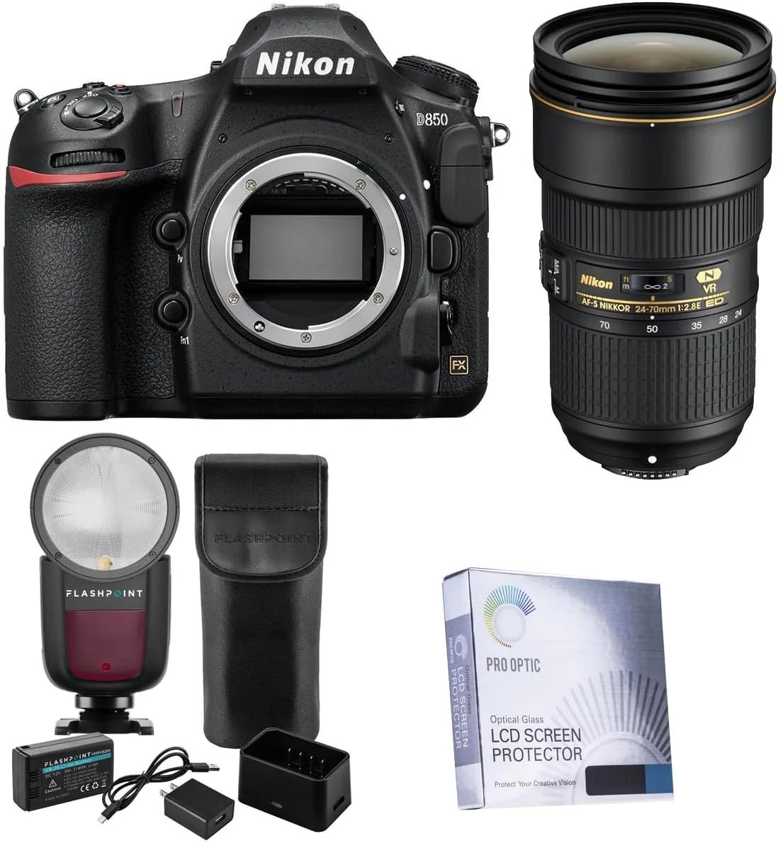 دوربین DSLR نیکون D850، همراه با لنز 24-70mm f/2.8E ED AF-S NIKKOR VR و فلاش روی دوربین Zoom Li-on X R2 TTL