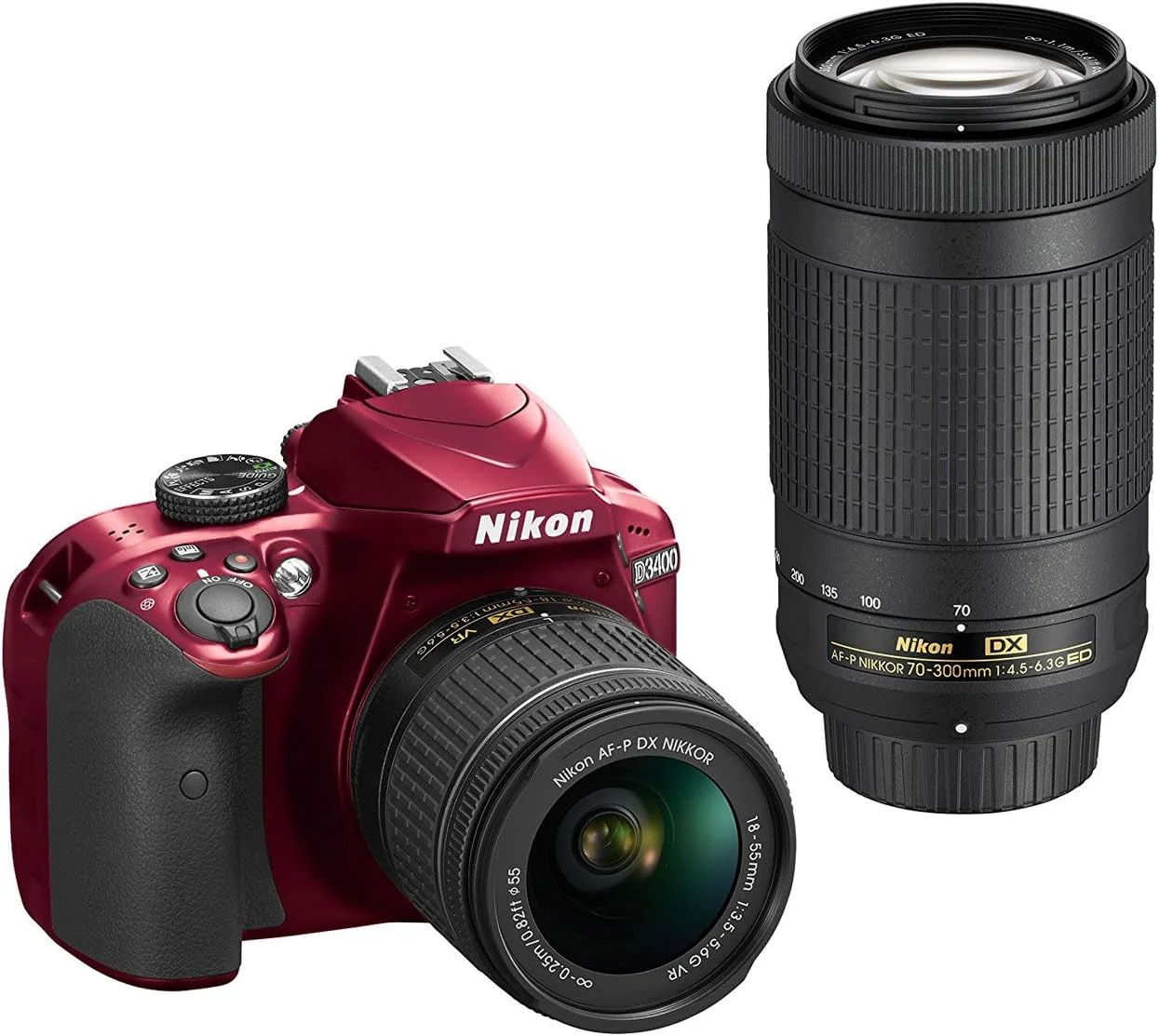 دوربین دیجیتال نیکون D3400 با لنز AF-P DX NIKKOR 18-55mm f/3.5-5.6G VR و AF-P DX NIKKOR 70-300mm f/4.5-6.3G ED (قرمز)