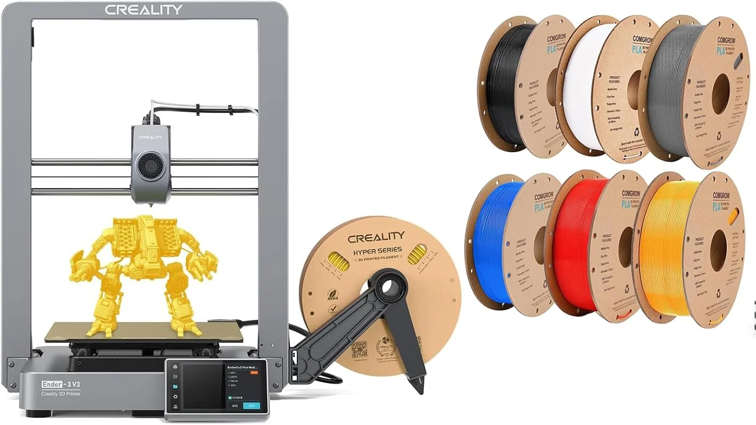 پرینتر سه بعدی Comgrow Official Creality Ender 3 V3 و فیلامنت پرینتر سه بعدی Comgrow PLA مشکی، سفید، خاکستری، آبی، قرمز، نارنجی