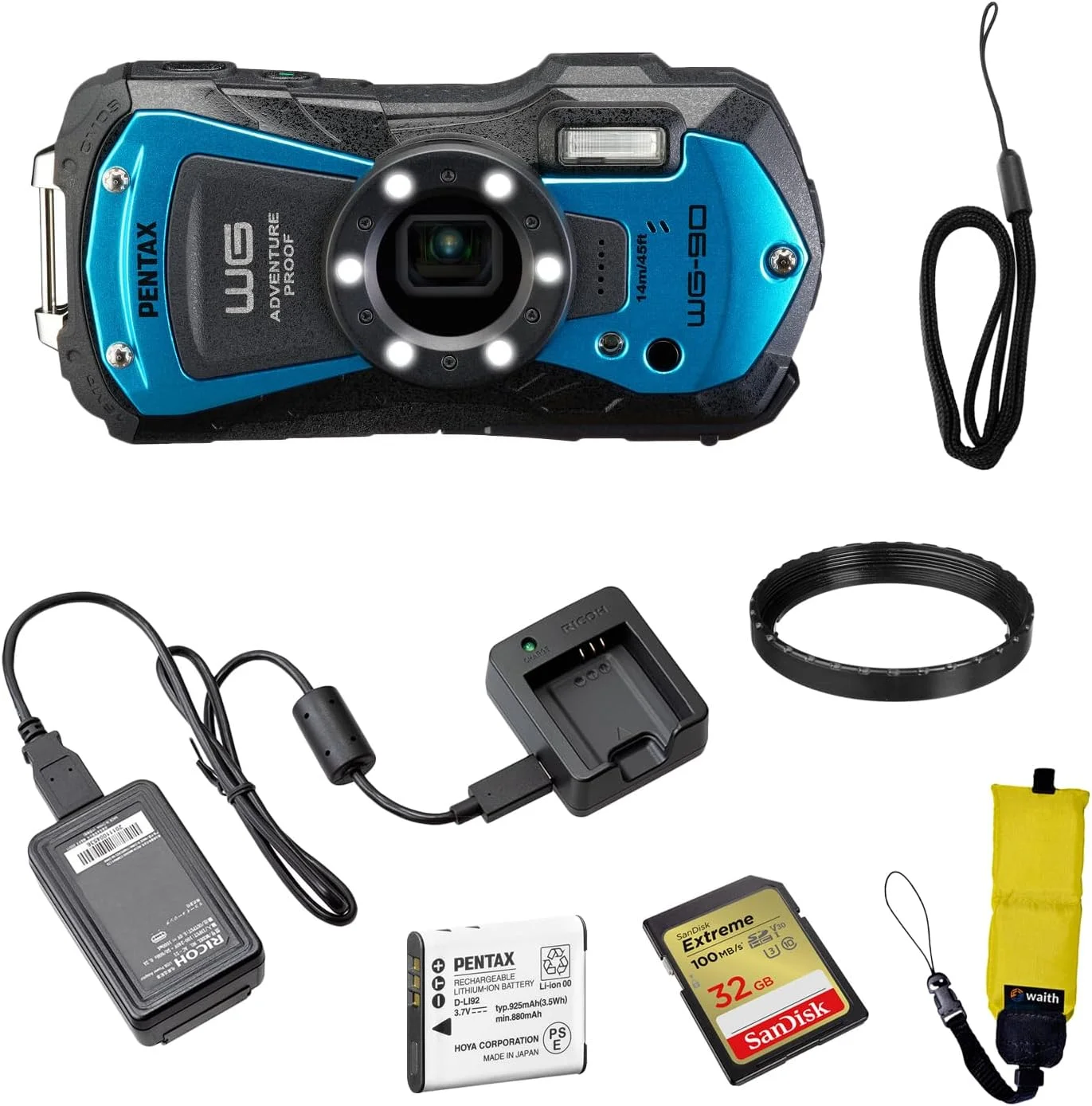 دوربین دیجیتال ضد آب پنتاکس WG-90 (آبی) | مانیتور LCD 2.7 اینچی به همراه کارت حافظه 32 گیگابایتی Extreme UHS-I SDHC و بند دوربین Waith (زرد) (بسته ضروری)