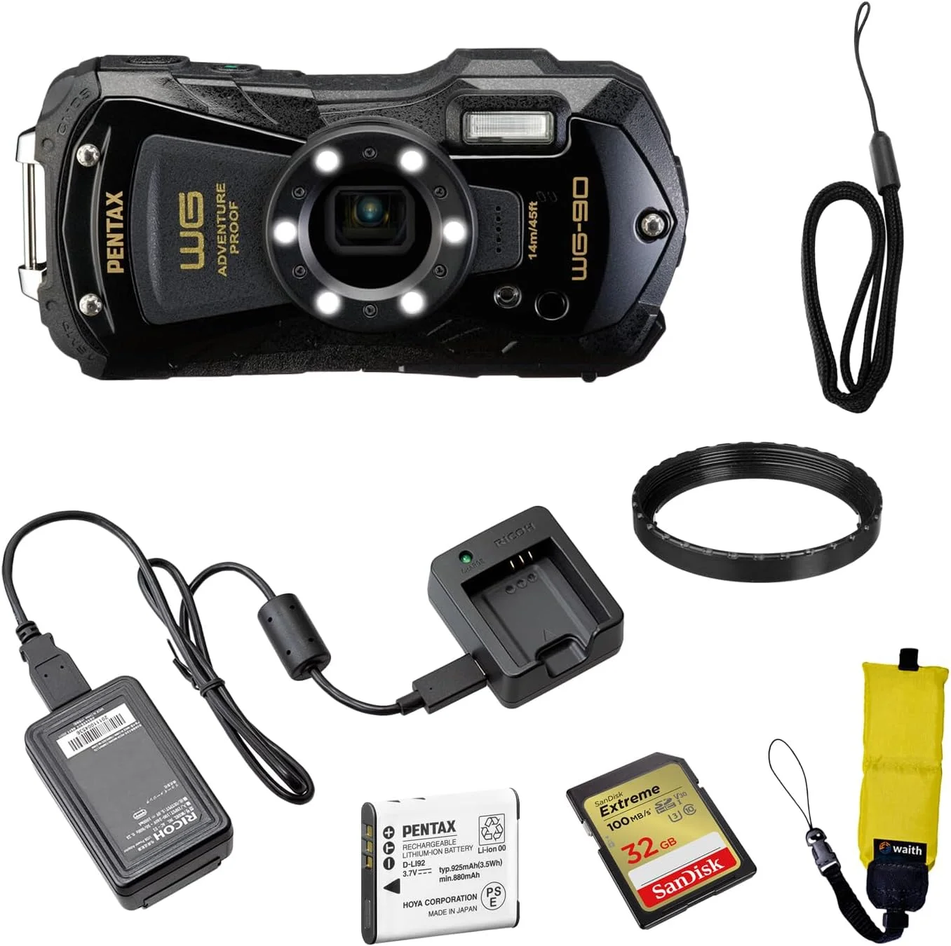 دوربین دیجیتال ضد آب پنتاکس WG-90 (مشکی) | مانیتور LCD 2.7 اینچی به همراه کارت حافظه 32 گیگابایتی Extreme UHS-I SDHC و بند دوربین Waith (زرد) (بسته ضروری)