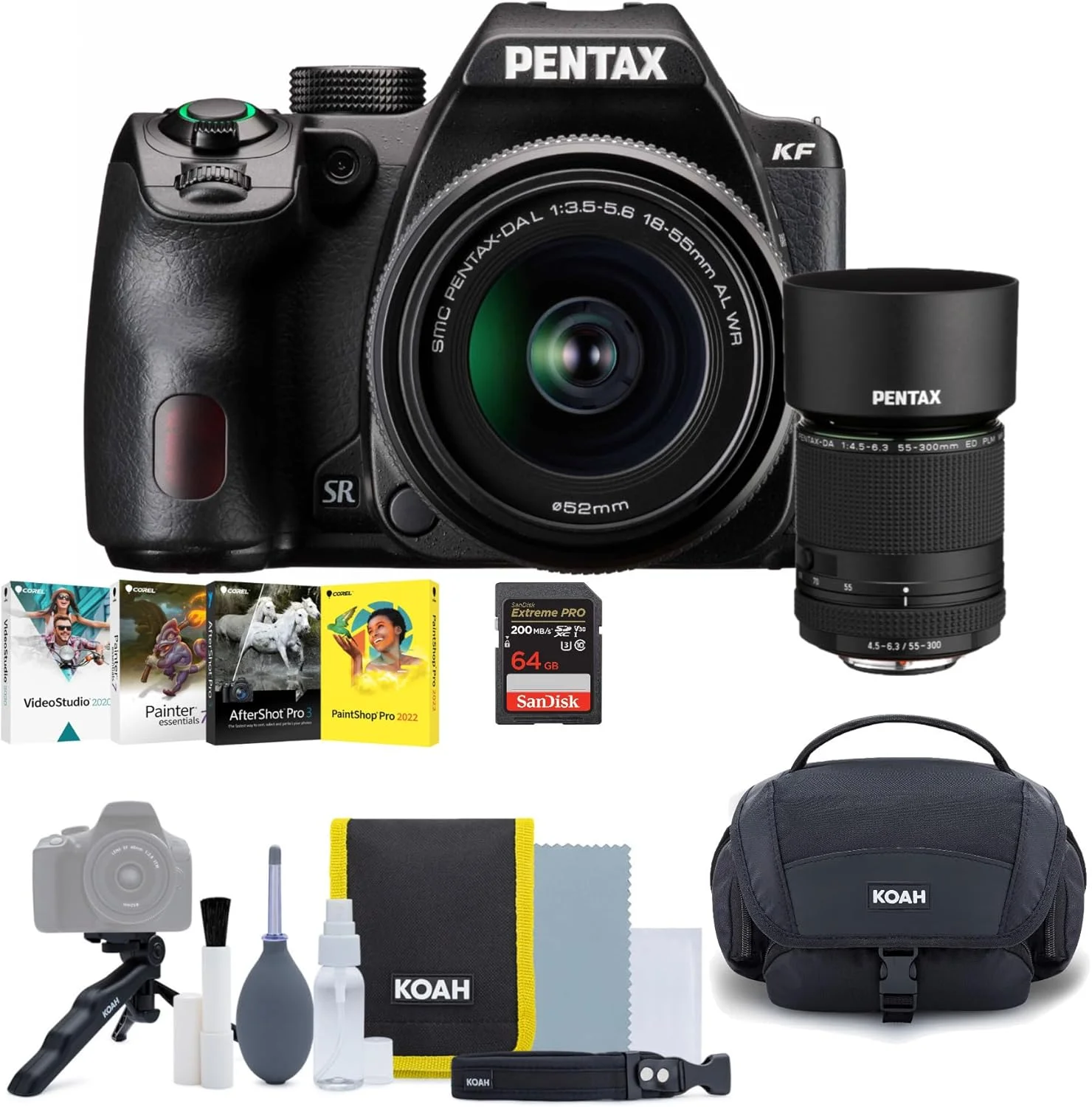 کیت دوربین DSLR پنتاکس KF (مشکی) با لنز PENTAX DA L 18-55mm F3.5-5.6 AL WR به همراه لنز پنتاکس، کیف لوازم جانبی و بسته نرم افزاری شامل 4 نرم افزار OEM Photo و مجموعه نرم افزاری هنری (5 مورد)