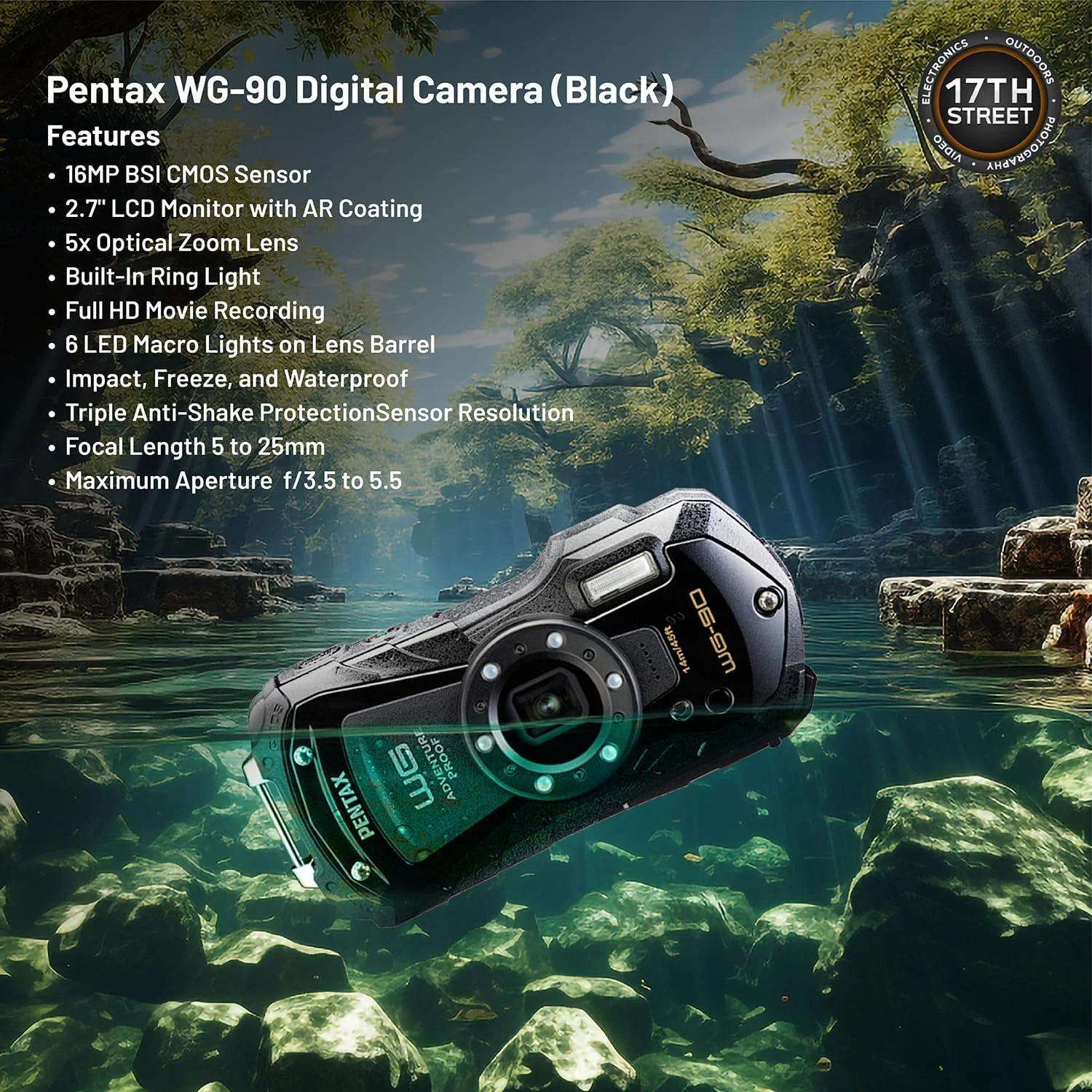 دوربین دیجیتال ضد آب پنتاکس WG-90 (مشکی) | مانیتور LCD 2.7 اینچی به همراه کارت حافظه 32 گیگابایتی Extreme UHS-I SDHC و بند دوربین Waith (زرد) (بسته ضروری) دوربین دیجیتال ضد آب پنتاکس WG-90 (مشکی) | مانیتور LCD 2.7 اینچی به همراه کارت حافظه 32 گیگابایتی Extreme UHS-I SDHC و بند دوربین Waith (زرد) (بسته ضروری)