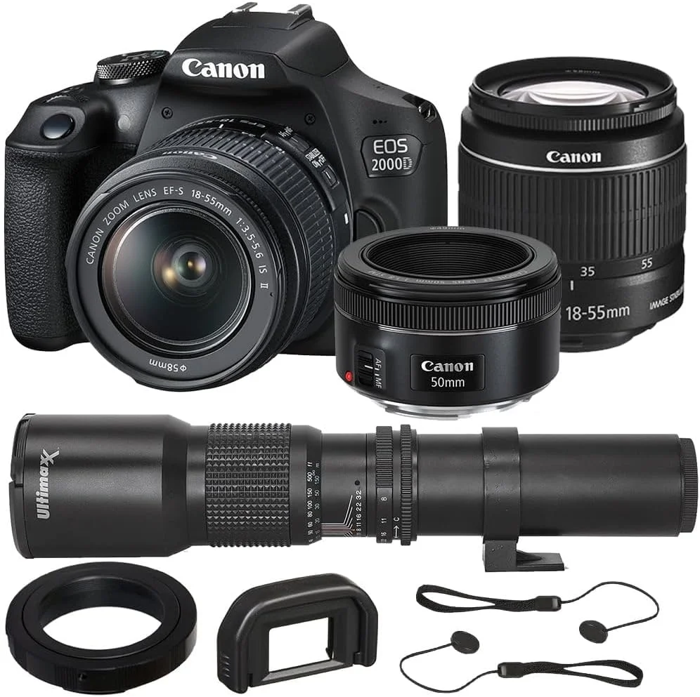 بسته دوربین عکاسی کانن EOS 2000D (T7) با لنزهای 55-18 میلی‌متری IS II و 50 میلی‌متری f/1.8 STM به همراه لنز تله‌فوتو 500 میلی‌متری، مانت EF T و لوازم جانبی (بازسازی شده)