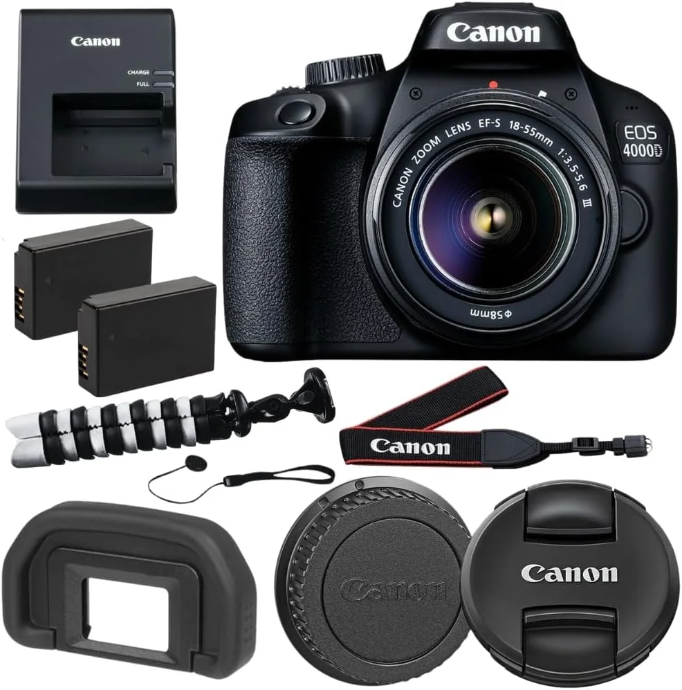 دوربین دیجیتال کانن EOS 4000D به همراه لنز EF-S 18-55mm f/3.5-5.6 III و بسته لوازم جانبی حرفه ای - شامل: باتری یدکی LPE10، فلاش Slave، کیف بزرگ با سگک های دوتایی و موارد دیگر (بازسازی شده)