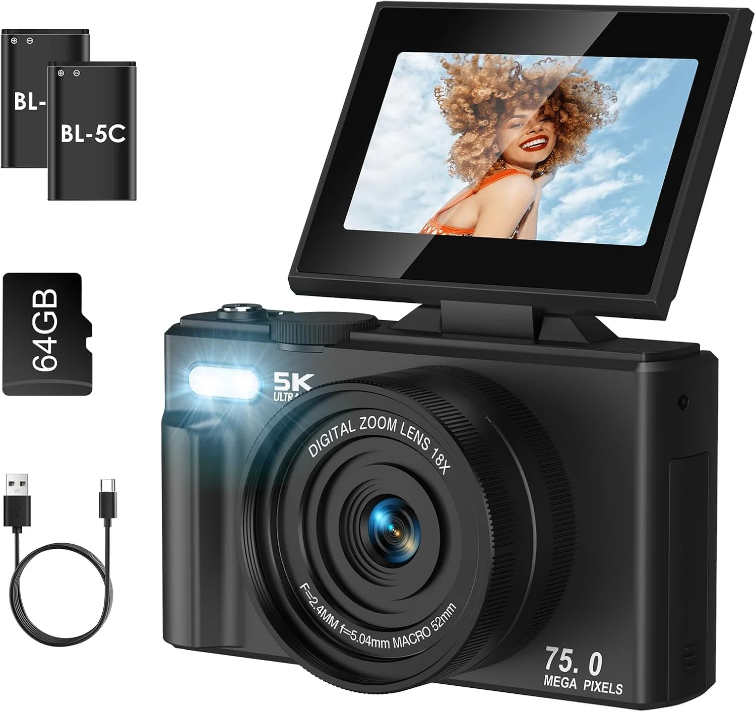دوربین دیجیتال 5K برای عکاسی، دوربین ولاگینگ 75 مگاپیکسلی با وای فای برای یوتیوب با صفحه نمایش 3 اینچی چرخان 180 درجه، دوربین فشرده با زوم دیجیتال 18X به همراه کارت SD 64 گیگابایتی و 2 باتری برای مبتدیان، مشکی