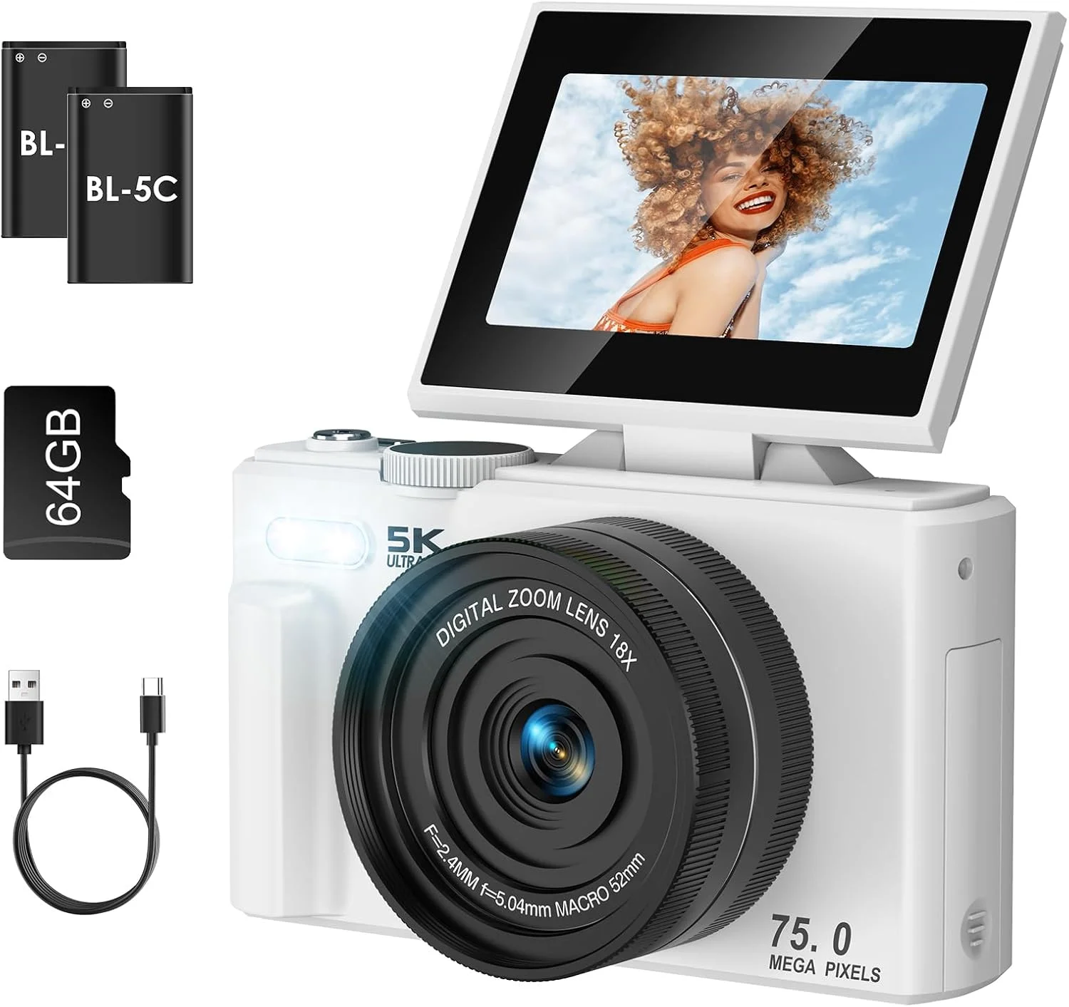 دوربین دیجیتال 5K برای عکاسی، دوربین فیلمبرداری با فوکوس خودکار 75 مگاپیکسل و وای فای برای یوتیوب با صفحه نمایش 3 اینچی چرخان 180 درجه، دوربین فشرده با زوم دیجیتال 18X به همراه کارت حافظه 64 گیگابایتی و 2 باتری برای مبتدیان، سفید