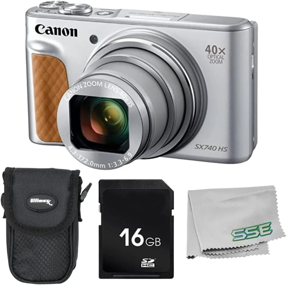 دوربین دیجیتال کانن PowerShot SX740 HS به همراه بسته 4 عددی - شامل کارت حافظه 16 گیگابایتی SD + کیف دوربین عکاسی و فیلمبرداری + پارچه تمیز کننده میکروفیبر (نقره ای)