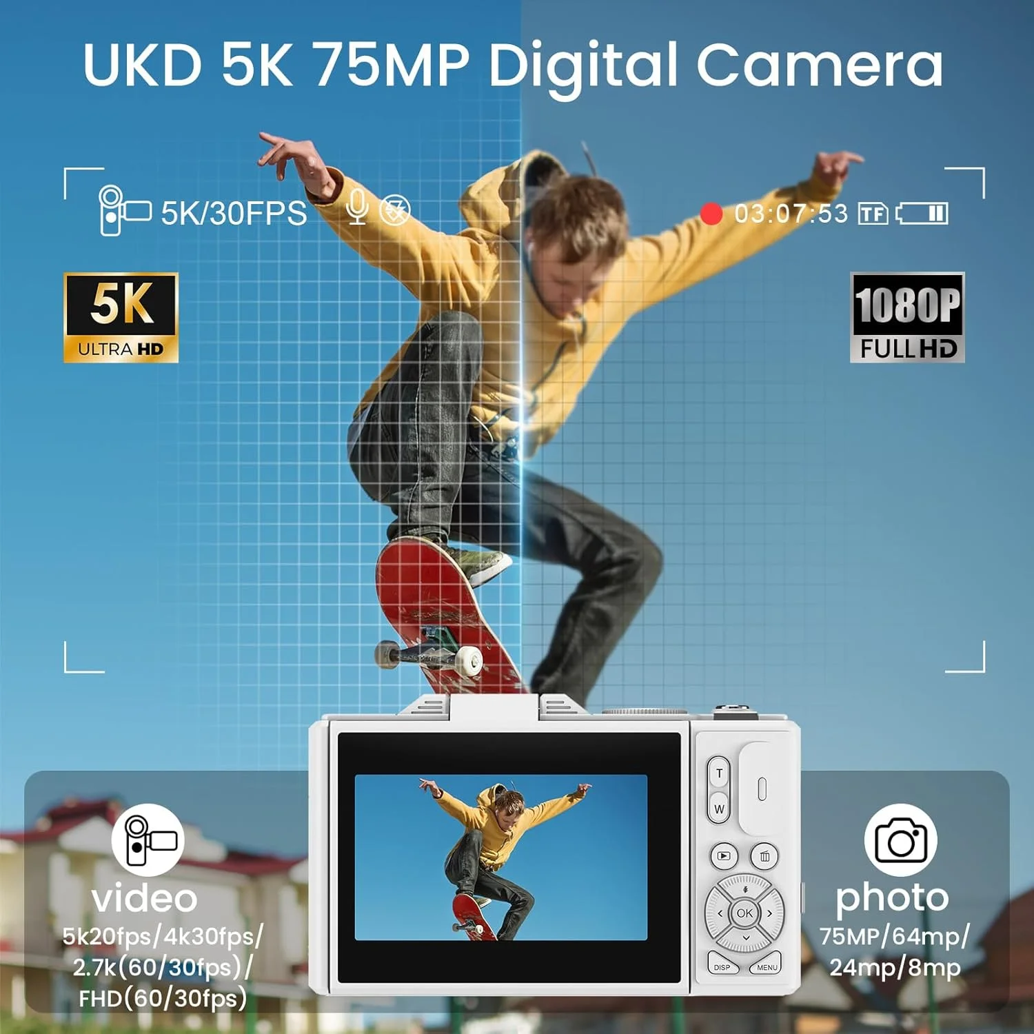 دوربین دیجیتال 5K برای عکاسی، دوربین فیلمبرداری با فوکوس خودکار 75 مگاپیکسل و وای فای برای یوتیوب با صفحه نمایش 3 اینچی چرخان 180 درجه، دوربین فشرده با زوم دیجیتال 18X به همراه کارت حافظه 64 گیگابایتی و 2 باتری برای مبتدیان، سفید