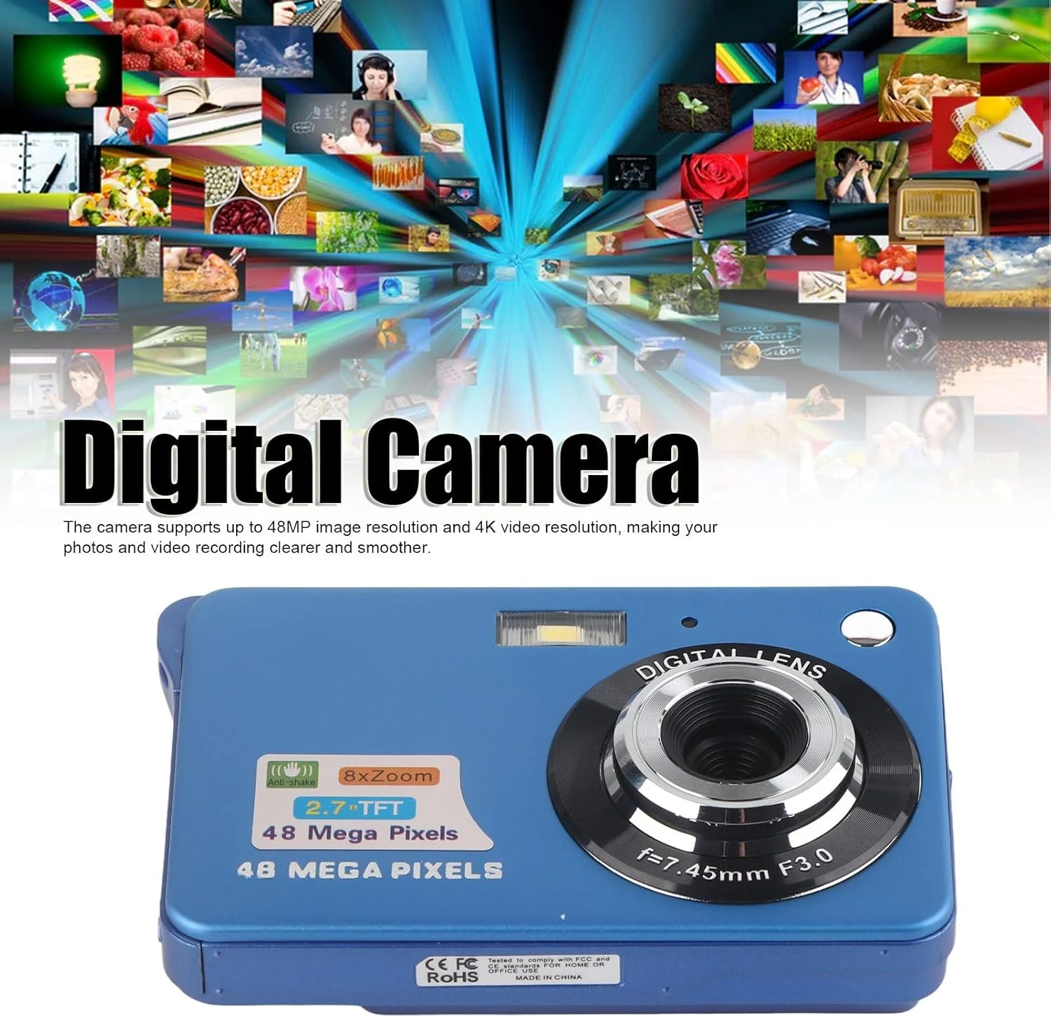 دوربین جیبی قابل شارژ با پشتیبانی کارت حافظه 128 گیگابایتی، دوربین دیجیتال 4K 48 مگاپیکسلی با زوم 8 برابر و صفحه نمایش LCD 2.7 اینچی، دوربین انتقال USB برای مبتدیان (آبی) دوربین جیبی قابل شارژ با پشتیبانی کارت حافظه 128 گیگابایتی، دوربین دیجیتال 4K 48 مگاپیکسلی با زوم 8 برابر و صفحه نمایش LCD 2.7 اینچی، دوربین انتقال USB برای مبتدیان (آبی)