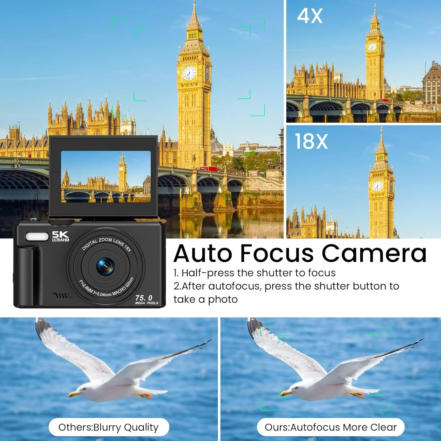 دوربین دیجیتال 5K برای عکاسی، دوربین ولاگینگ 75 مگاپیکسلی با وای فای برای یوتیوب با صفحه نمایش 3 اینچی چرخان 180 درجه، دوربین فشرده با زوم دیجیتال 18X به همراه کارت SD 64 گیگابایتی و 2 باتری برای مبتدیان، مشکی